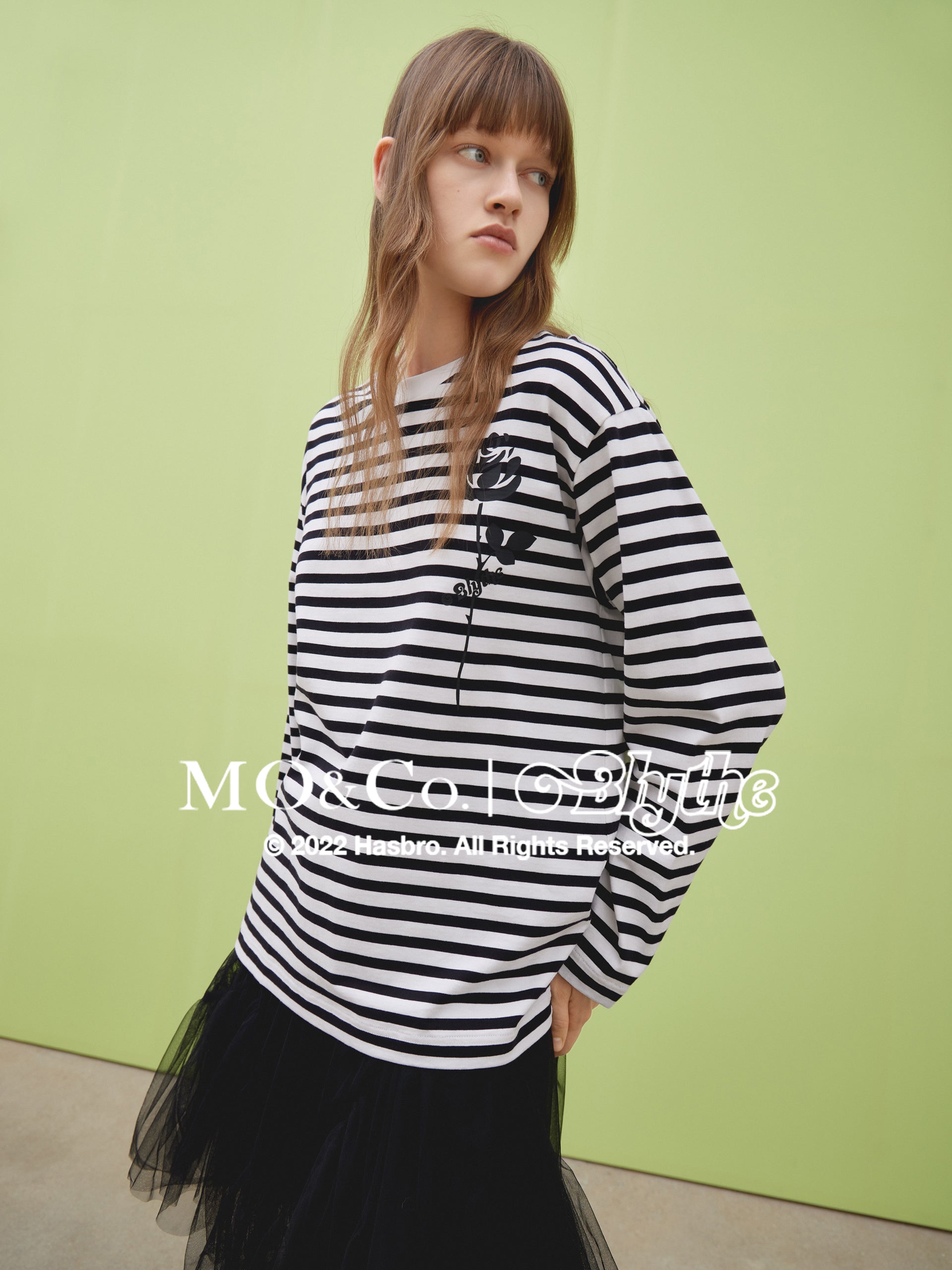 MO&Co.｜Blythe Collaboration Striped Rose Print Cotton T-Shirt Loose Casual Round Neck  Striped T Shirt
