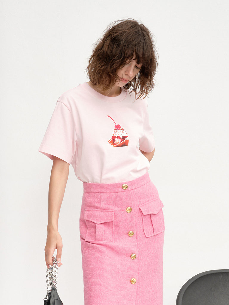 Women's Regular Fit Causal Cotton T-shirt with Cake Print in Pink