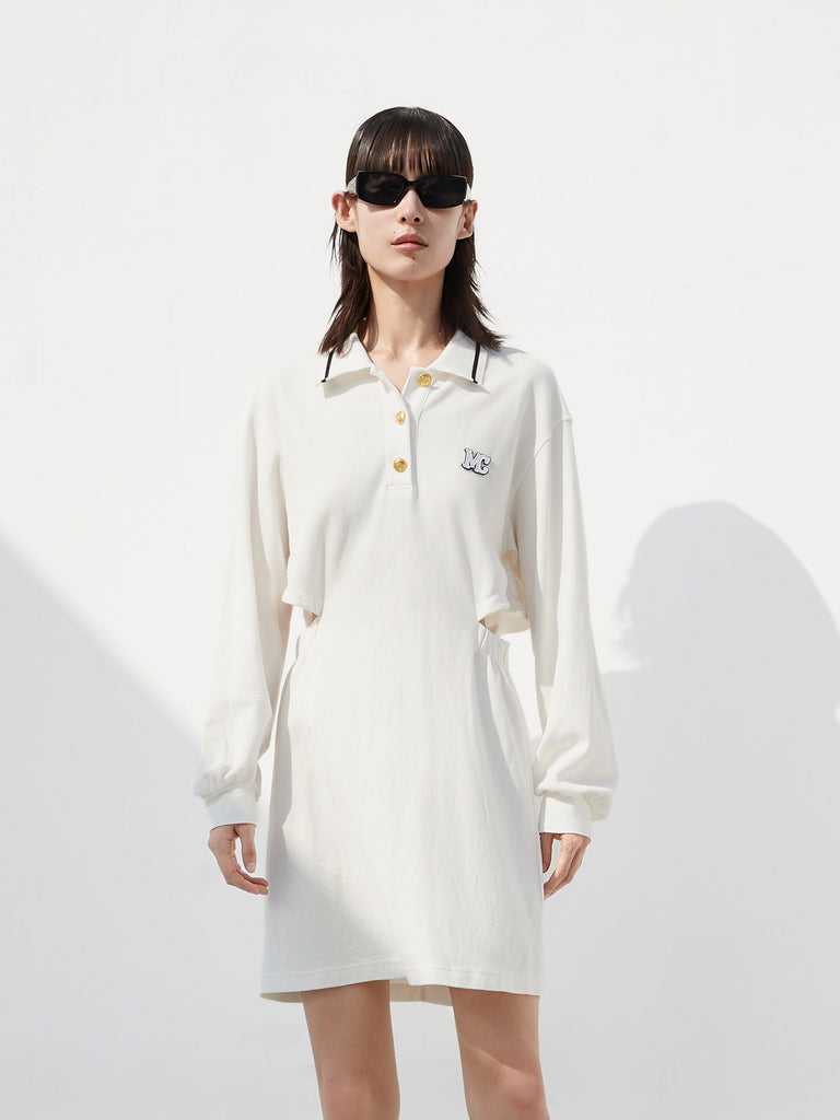 Cutout Waist Causal Cotton Mini Dress with Polo Collar in White