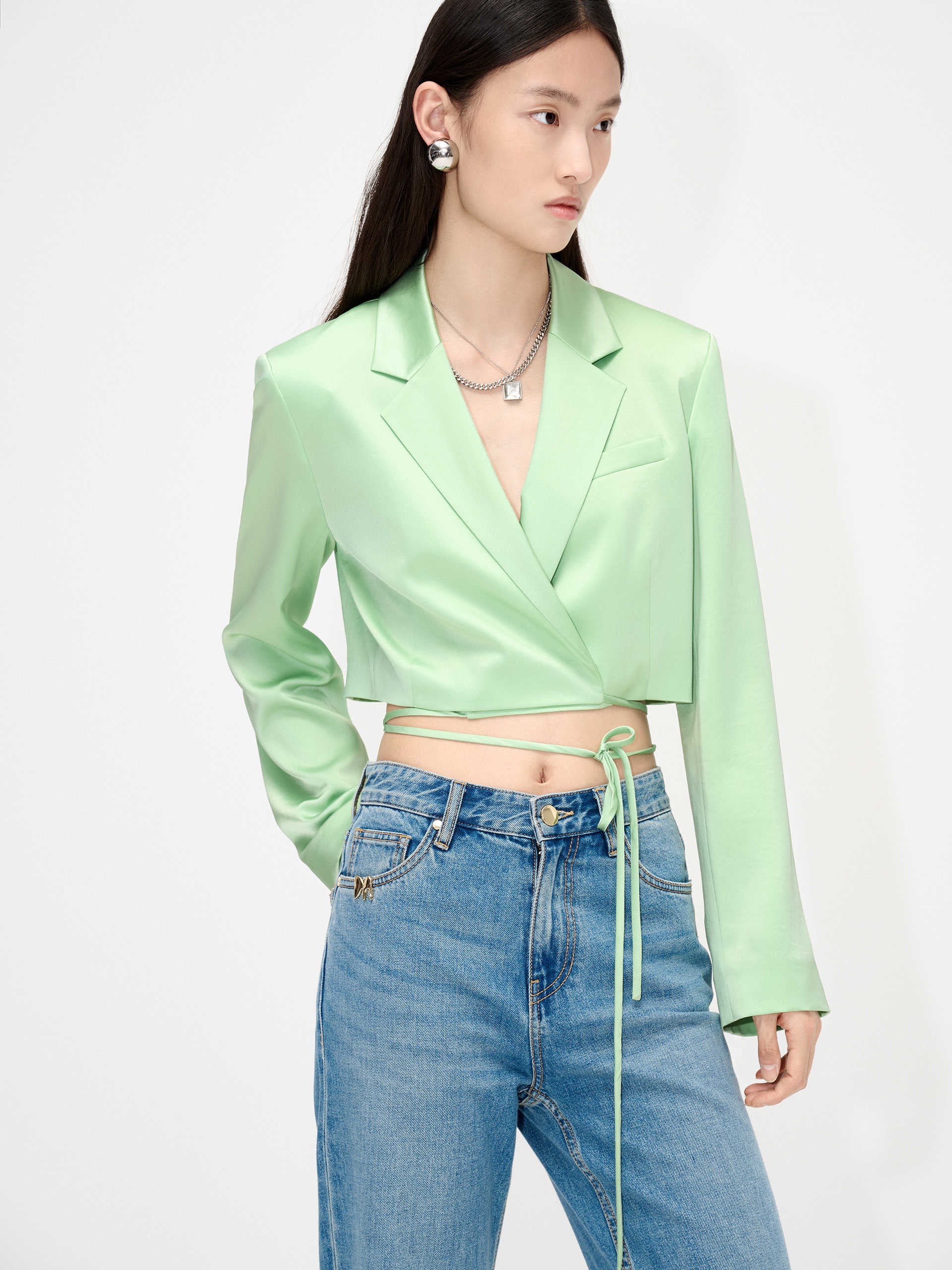 MO&Co. Women's Strap Details Satin Cropped Blazer in Mint