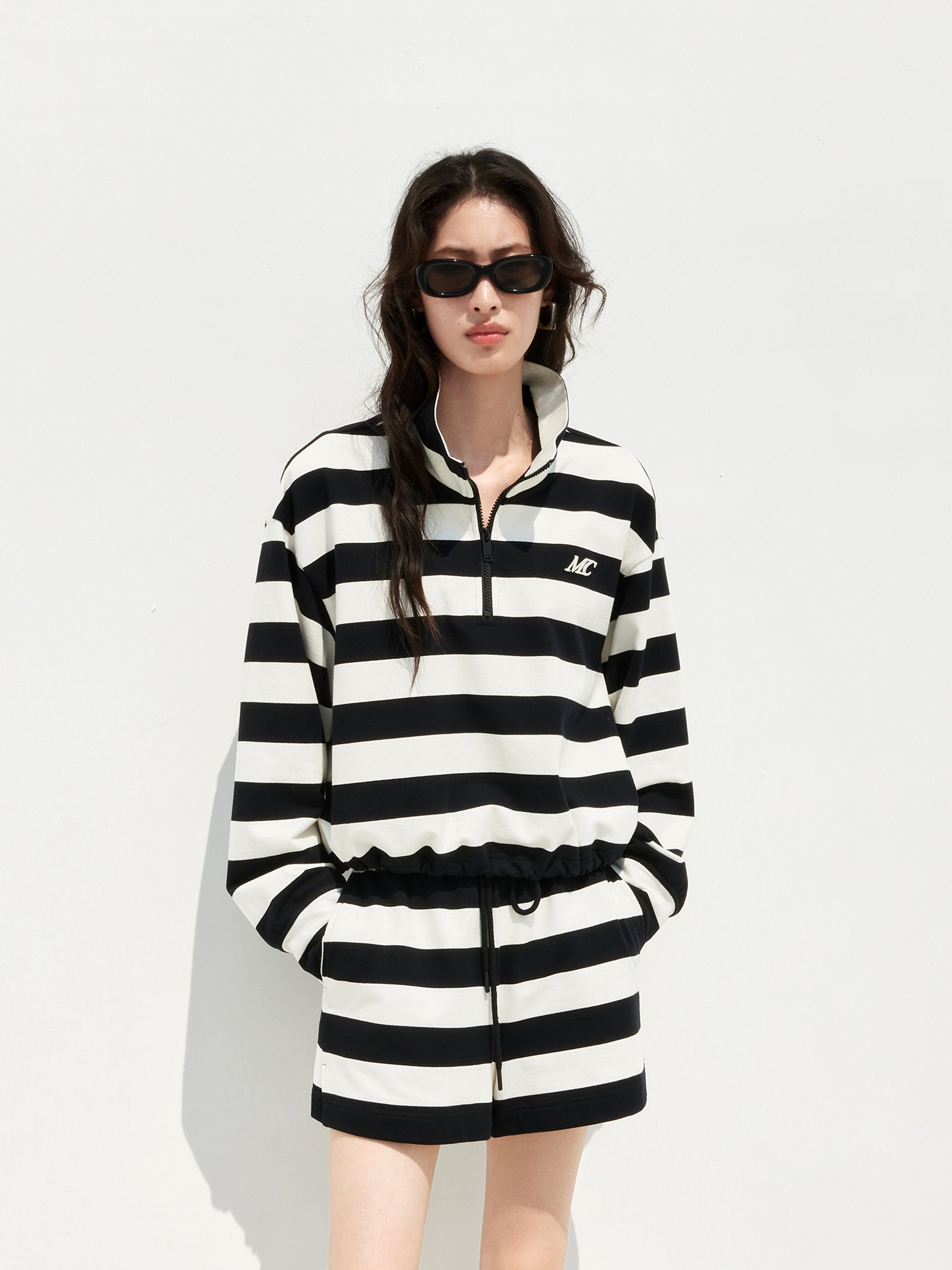 Black Striped Logo Cotton Athleisure Long Sleeves Top