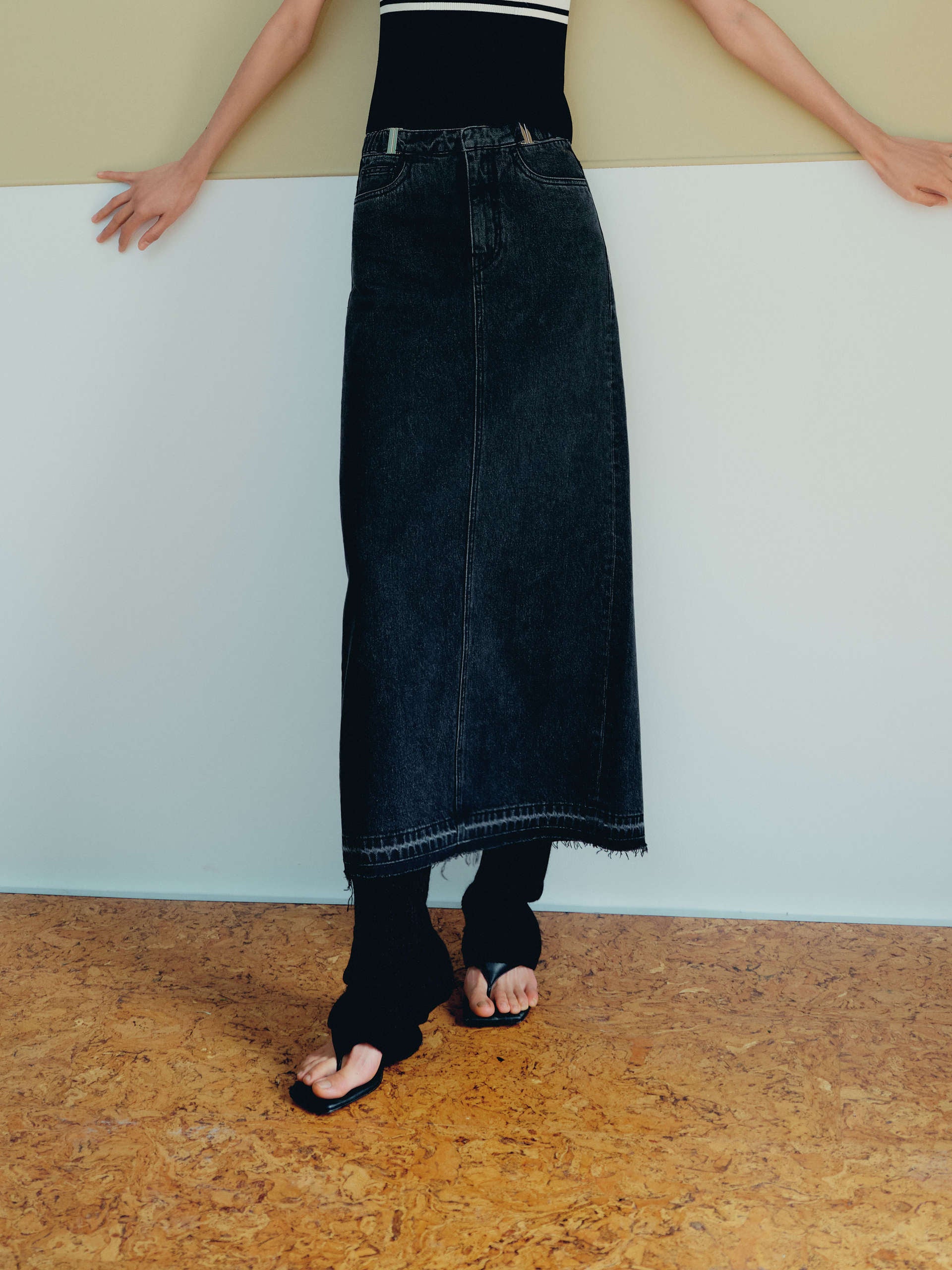 Slit Back Cut-out Waistband Details Black Denim Maxi Skirt