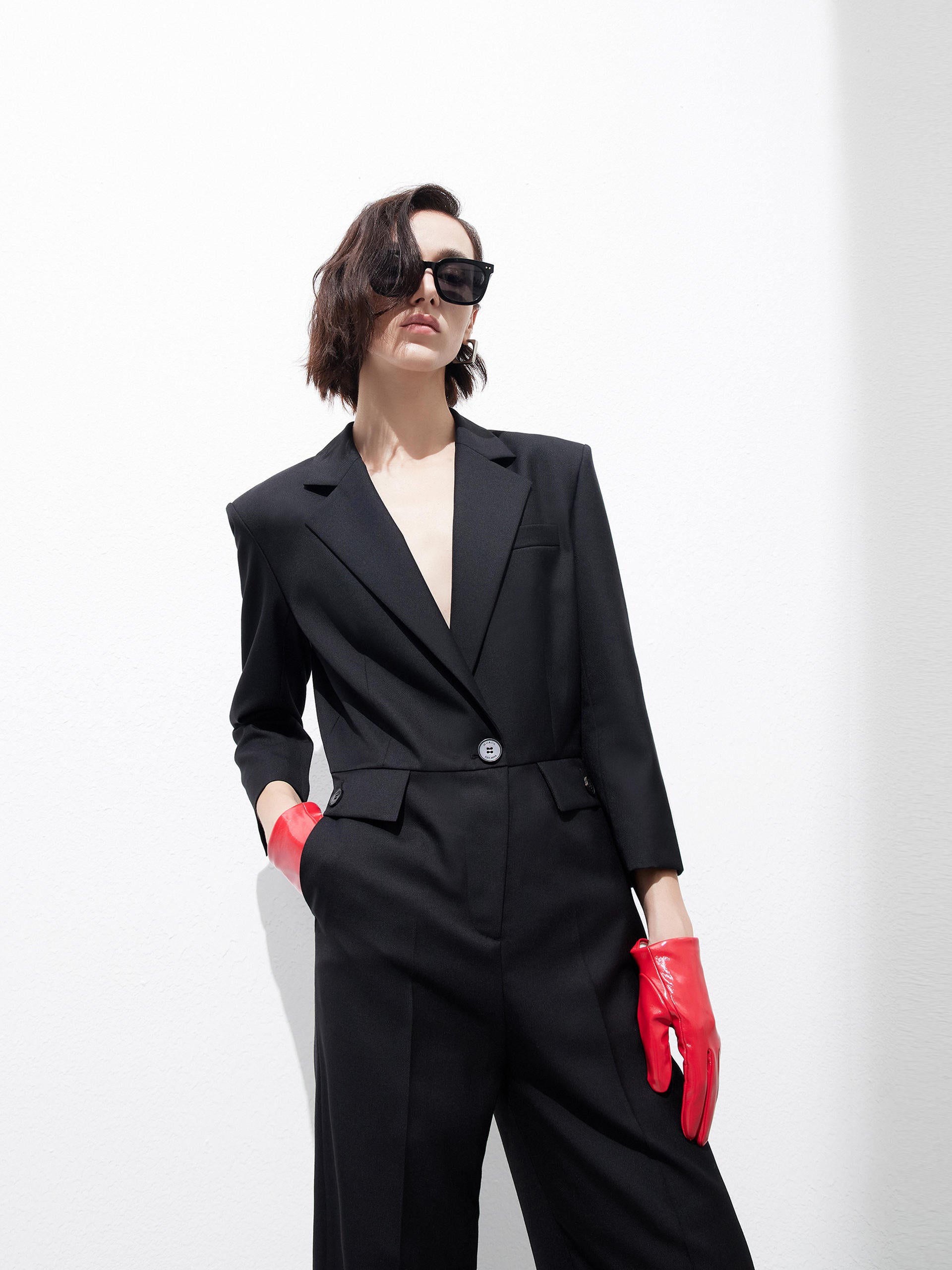 Structured V-neck Straight Suit Jumpsuit in Black