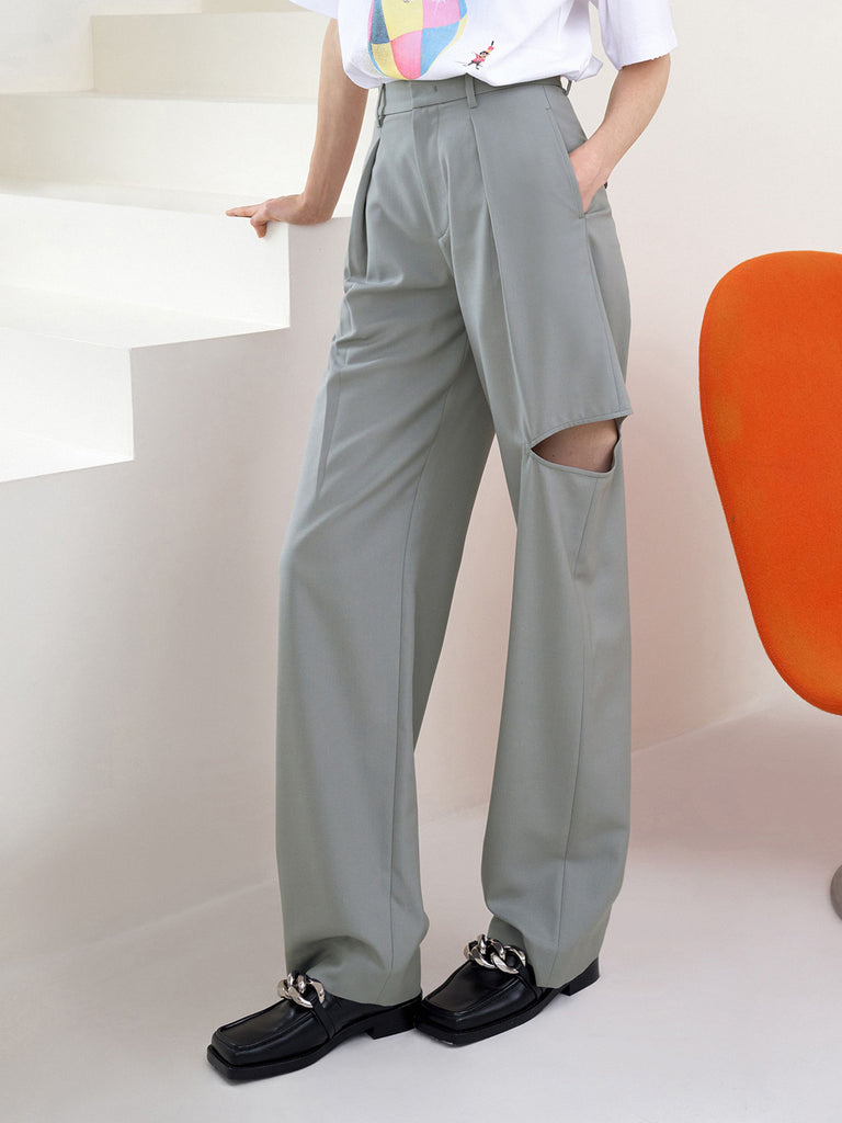 Women's Wool Blend Wide-leg Ripped Suit Pants in Grey