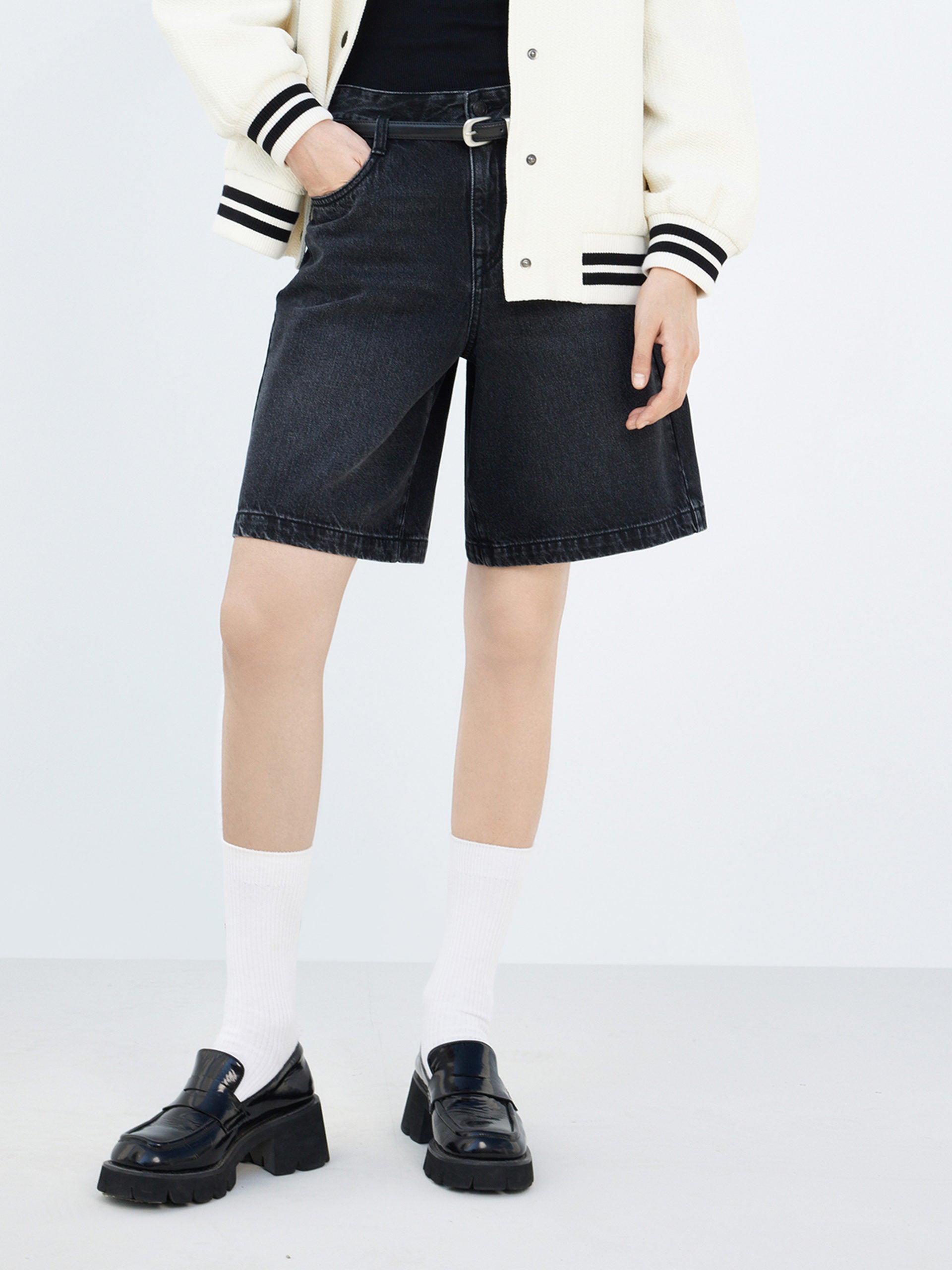 High Rise Black Cotton Denim Shorts