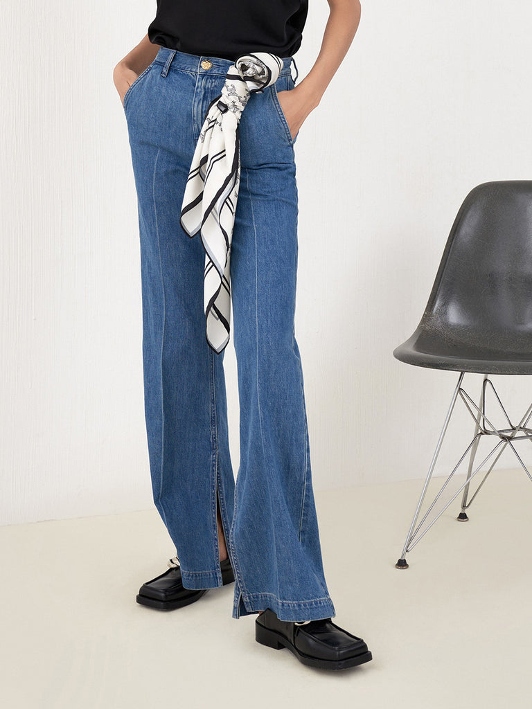 Women's Silk-blend Blue Straight Jeans with Scarf