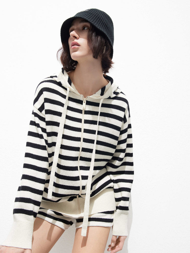Wool Blend Oversized Black and White Striped Causal Hooded Knitted Jacket