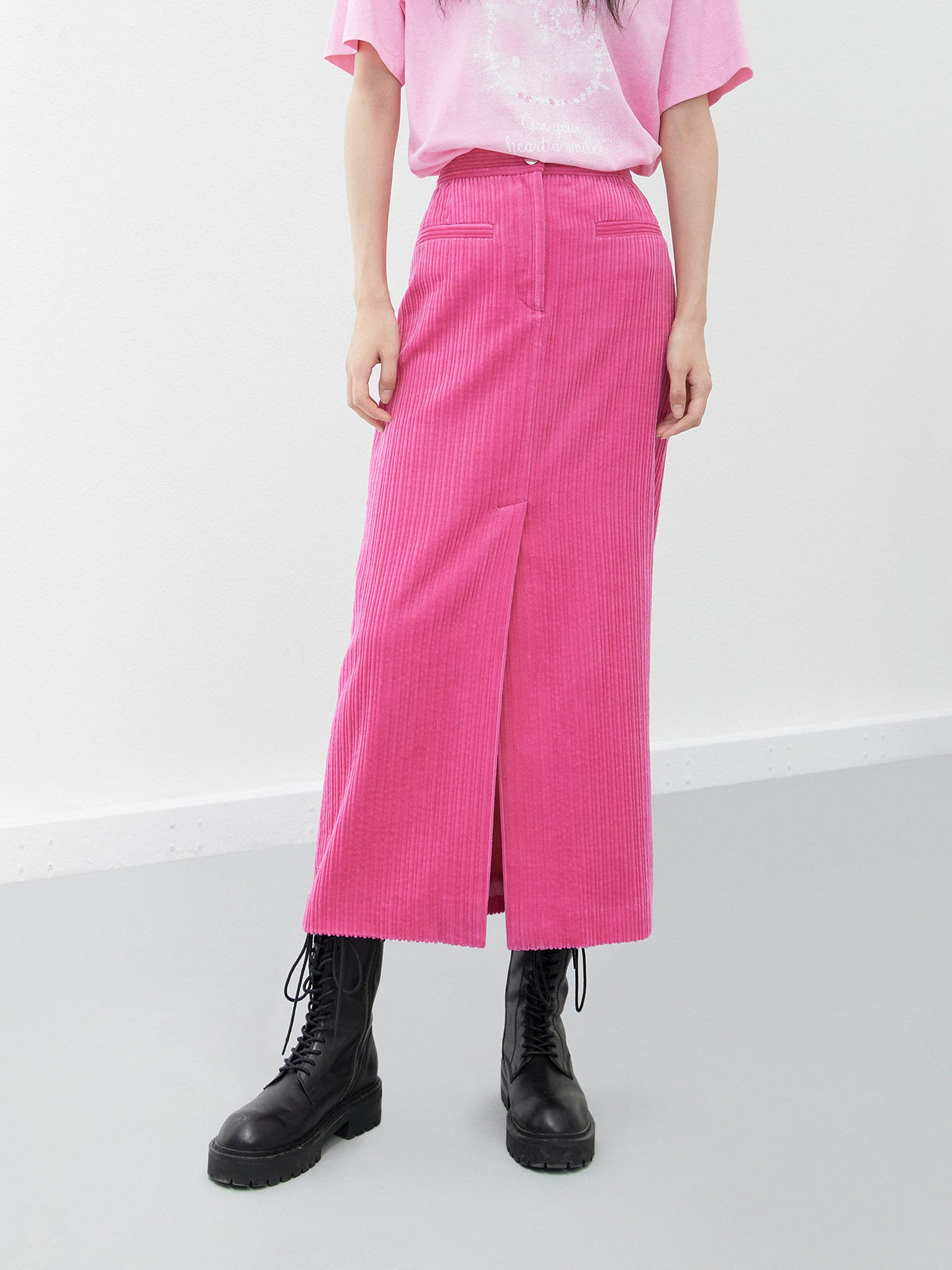 Pink Corduroy Slit Front Midi Skirt