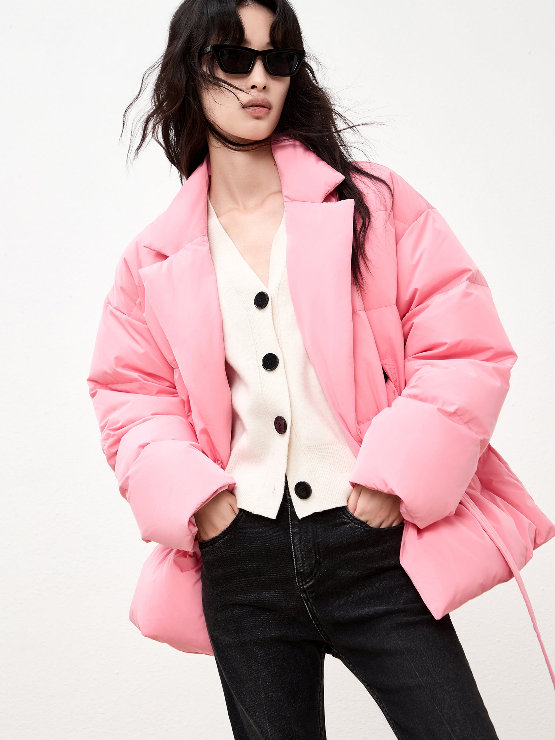 Pink Lapel Collar Puffer Down Jacket with Belt