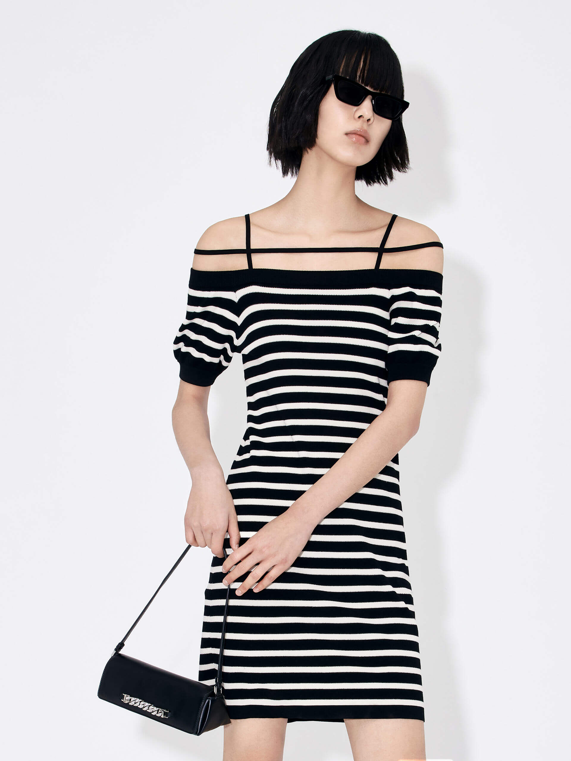 MO&Co. Women's Black and White Striped Strap Details Slim Fit Off Shoulder Mini Dress