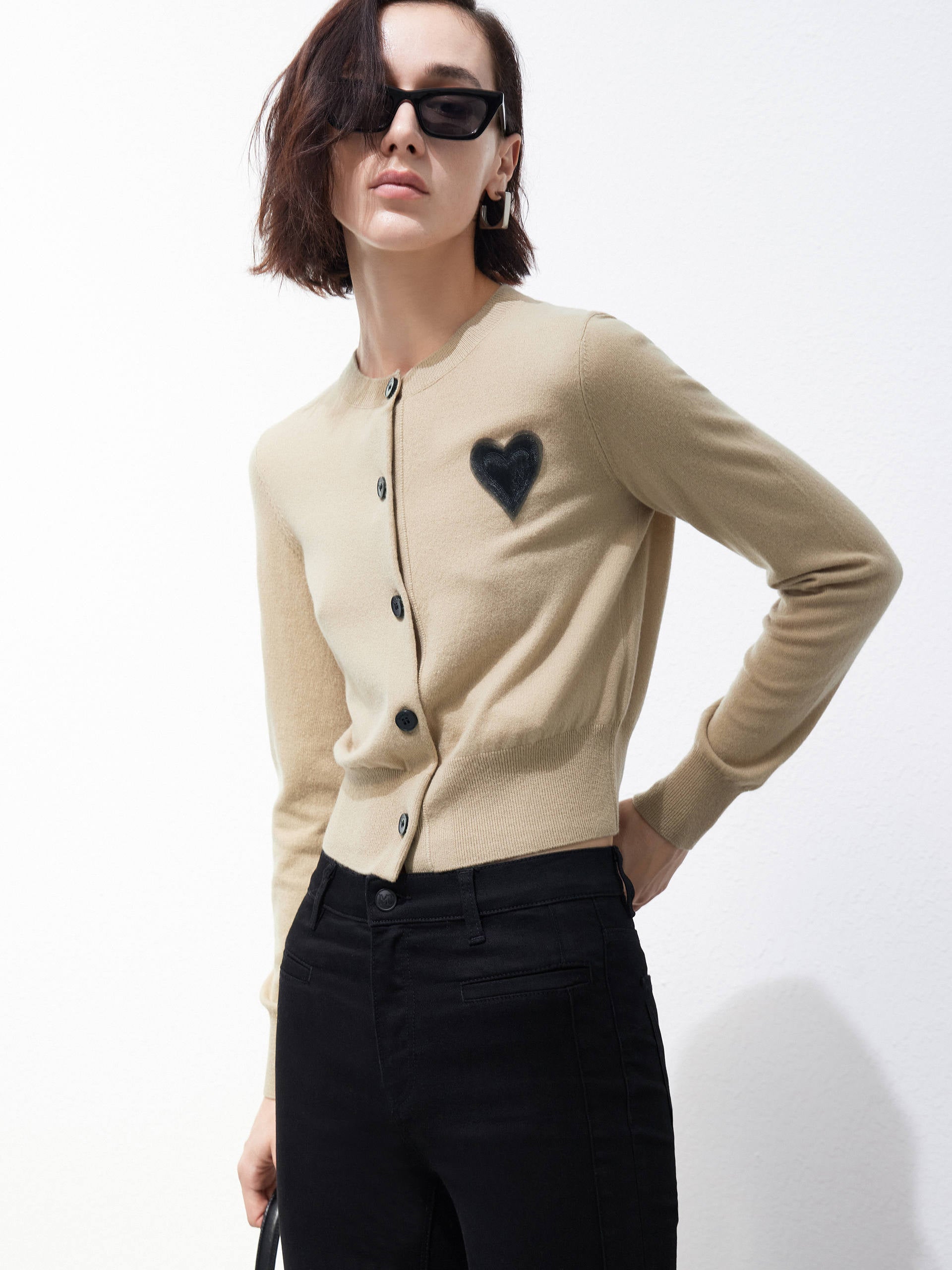 Heart Pattern Wool Cashmere Blend Knit Cardigan in Camel