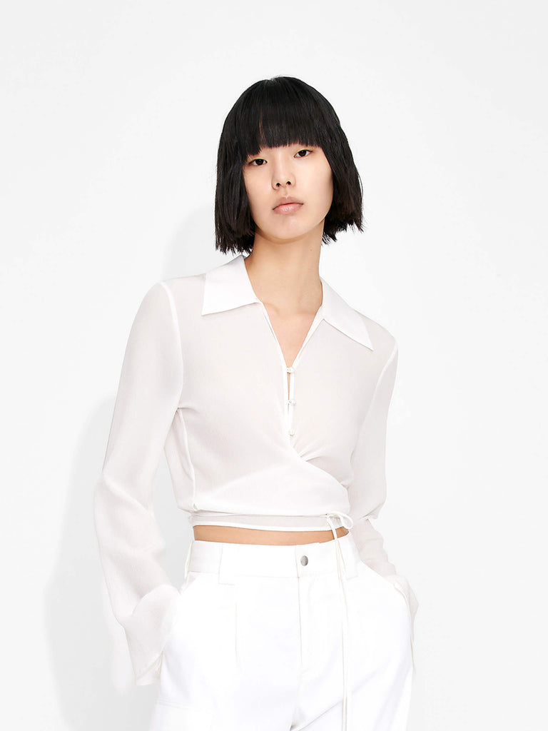 MO&Co. Women's Silk Cropped Wrap Front Trumpet Sleeves Top in White