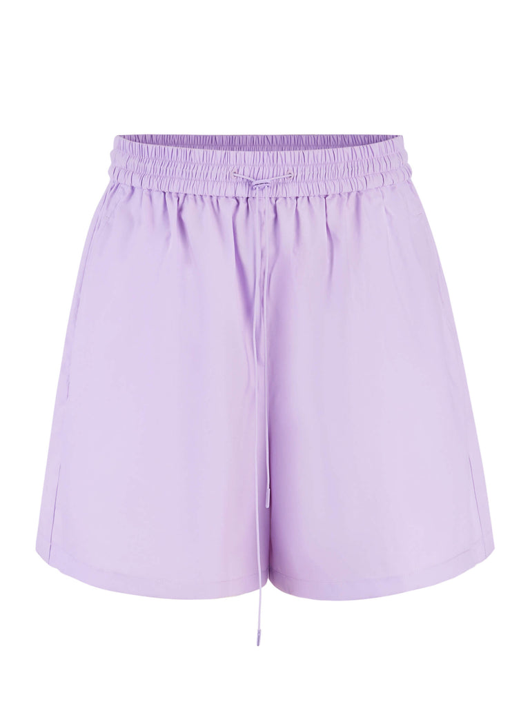 MO&Co. Women's Causal Elastic Waist Cotton Shorts in Purple featuring a drawstring waistband & double side pocket design. Crafted from stiff, & smooth materials, they're built for any activity & offer comfy all-day wear.