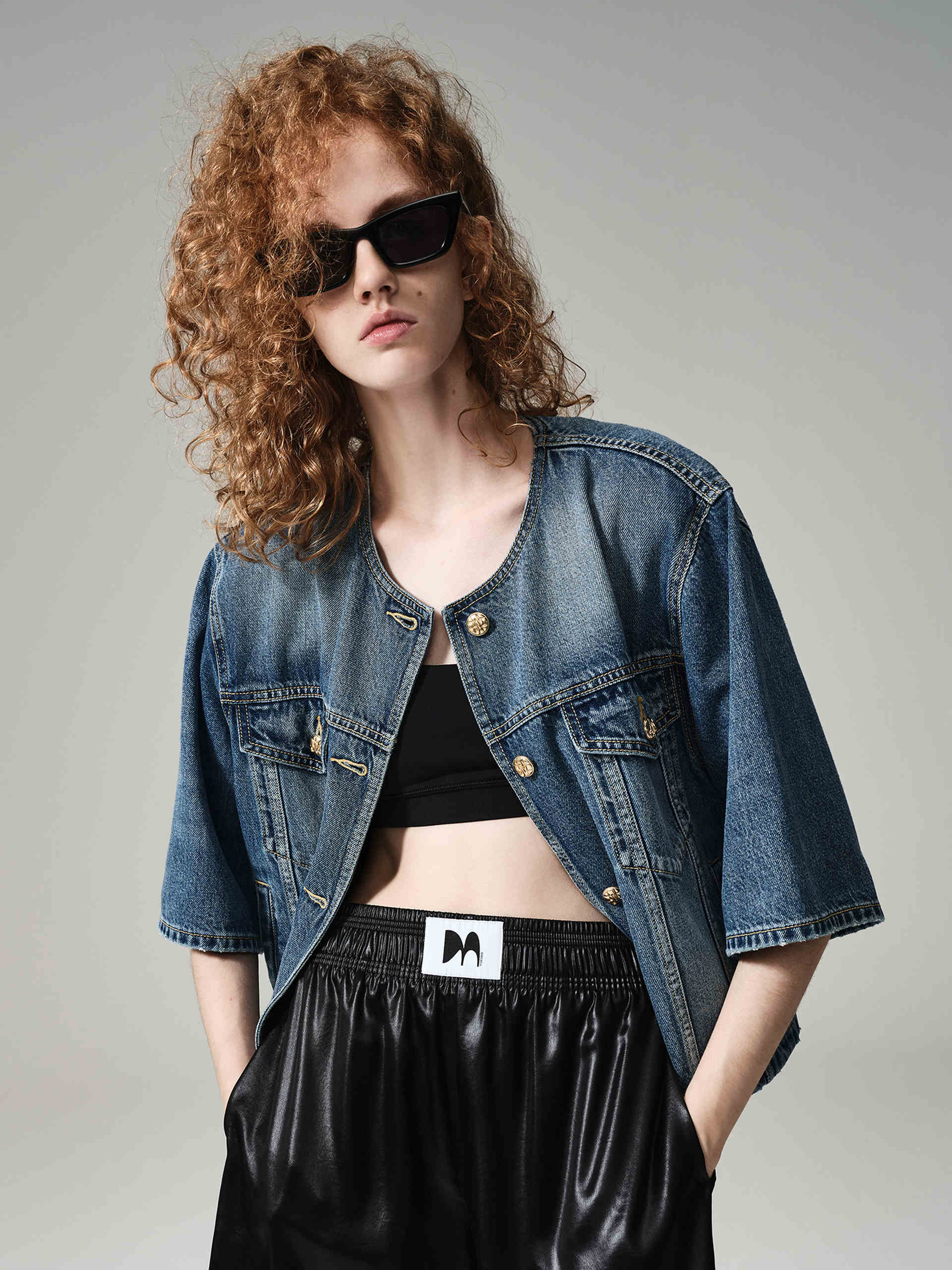 Women's Collarless Short Sleeves Summer Denim Jacket