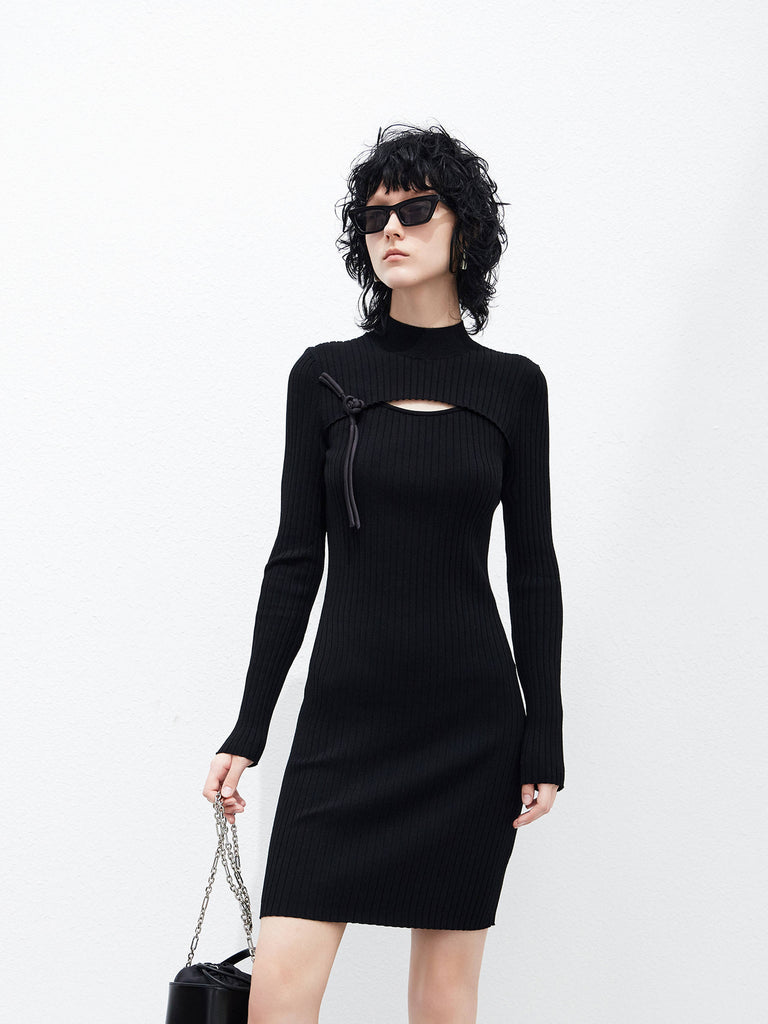 Long Sleeves Cutout Ribbed Knit Bodycon Mini Dress Black