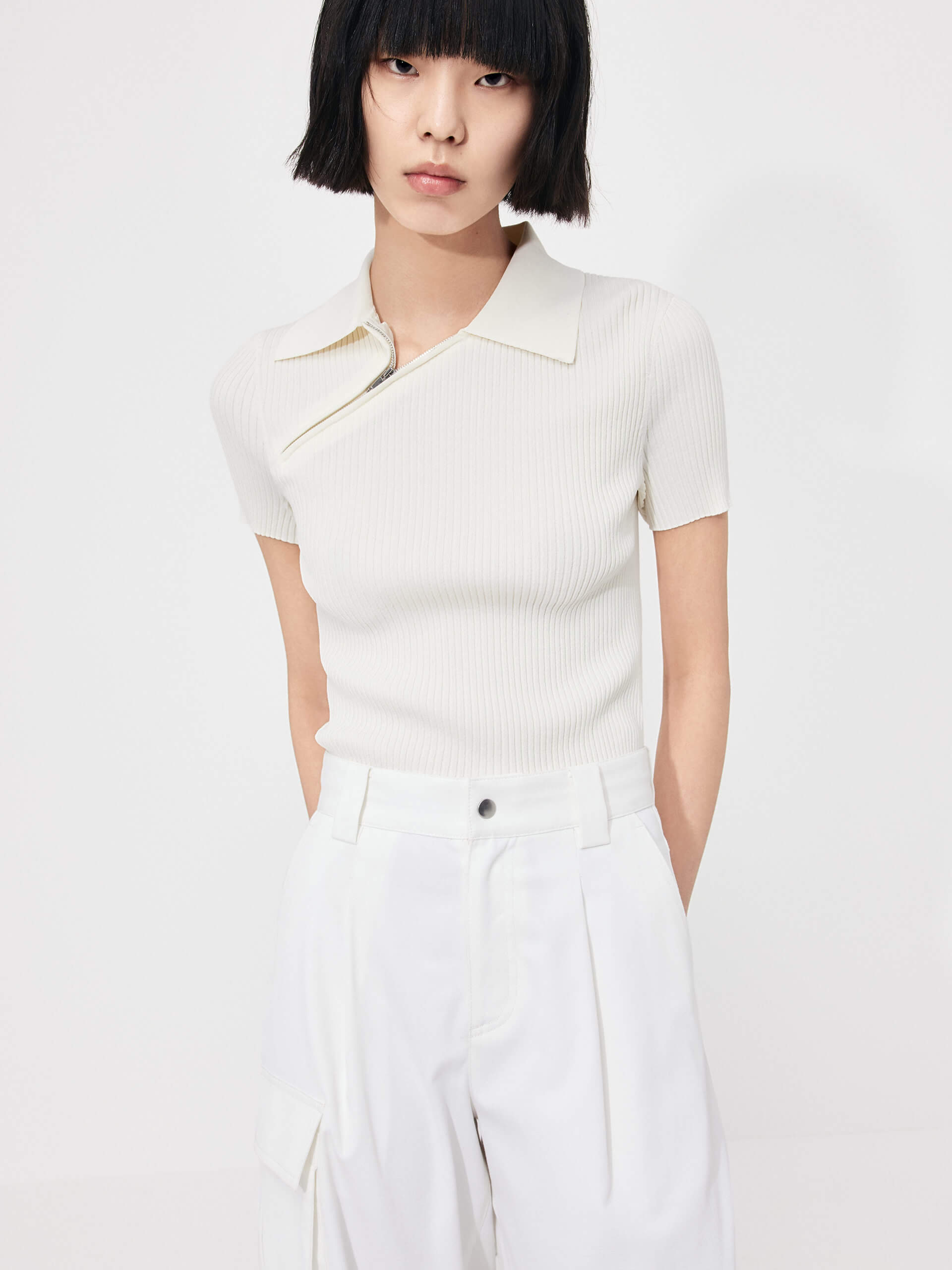 MO&Co. Women's Slanted Placket Rib Top