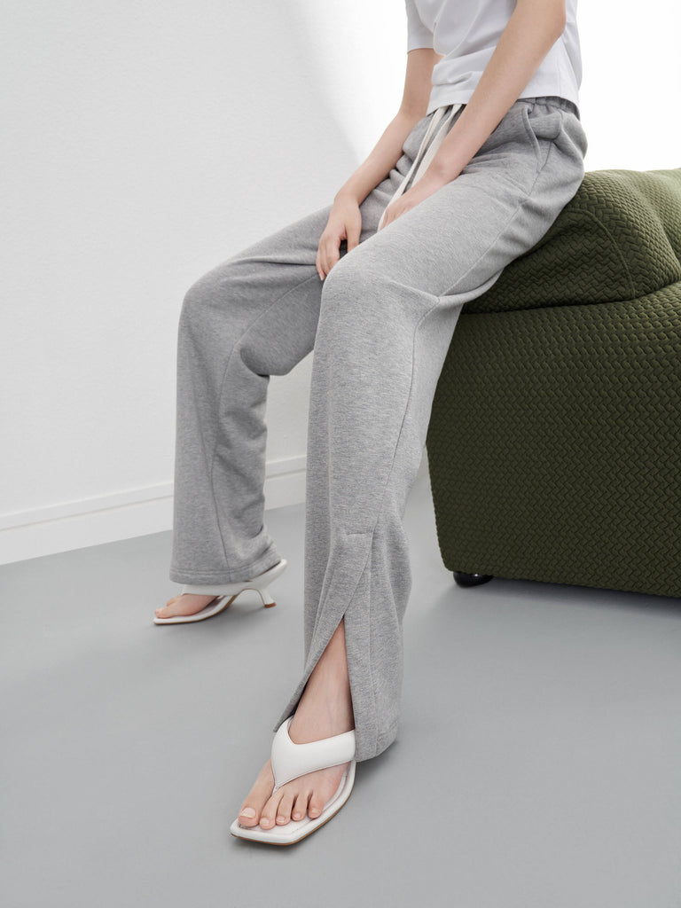 Elasticated Waist Cotton Causal Slit Details Trousers in Grey
