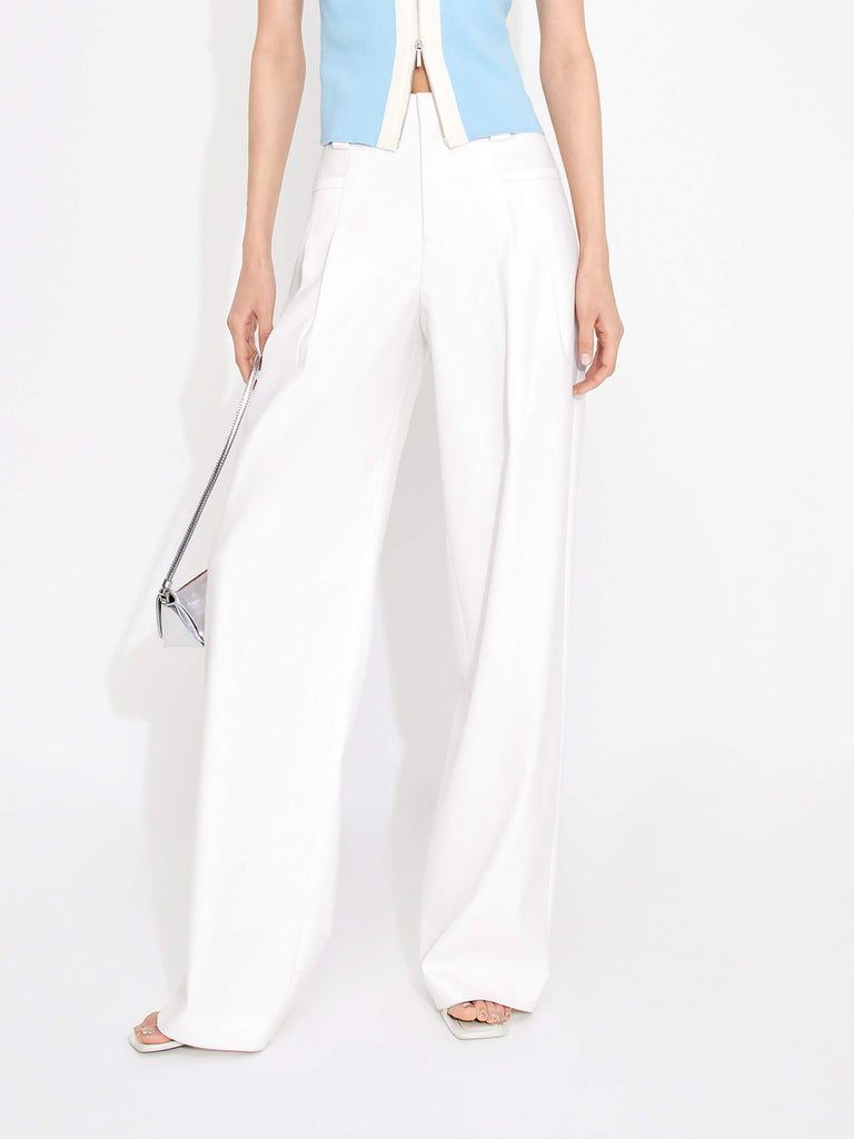 Straight cut pleated trouser, white, Pants Women's