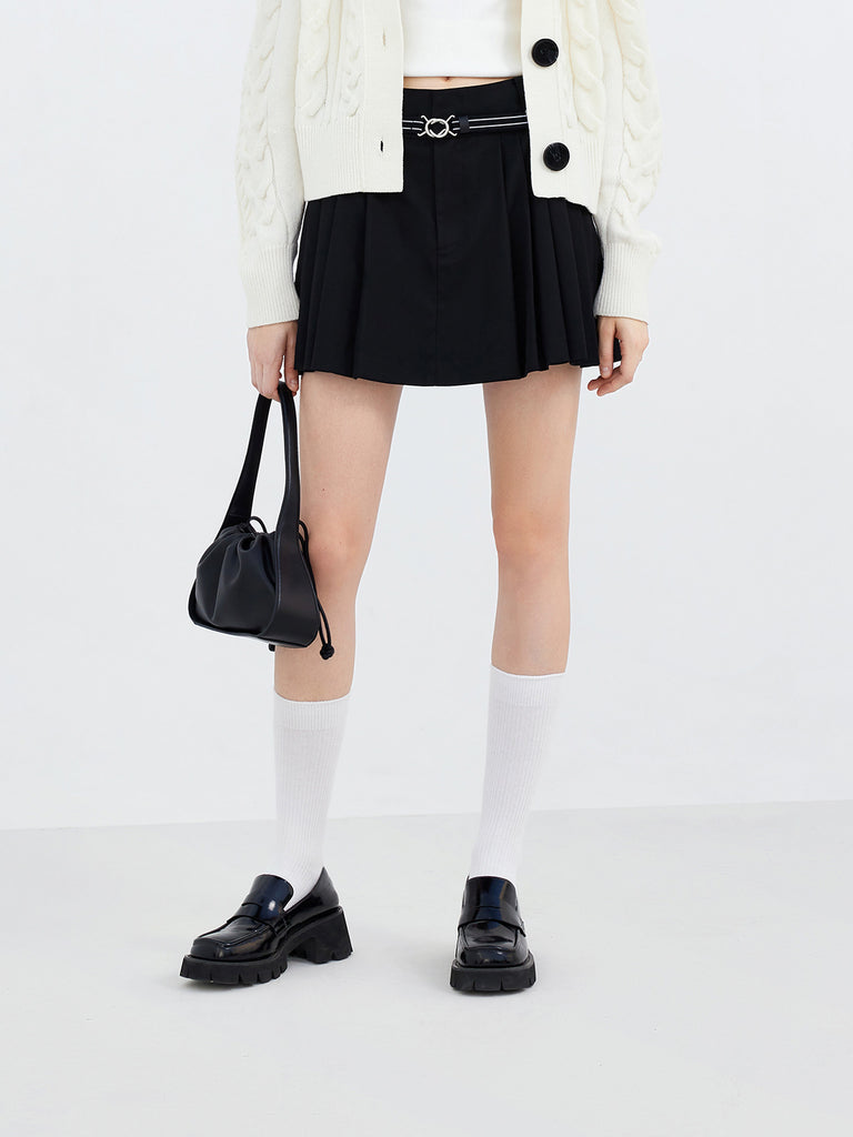 Black Pleated Mini Skirt with Belt