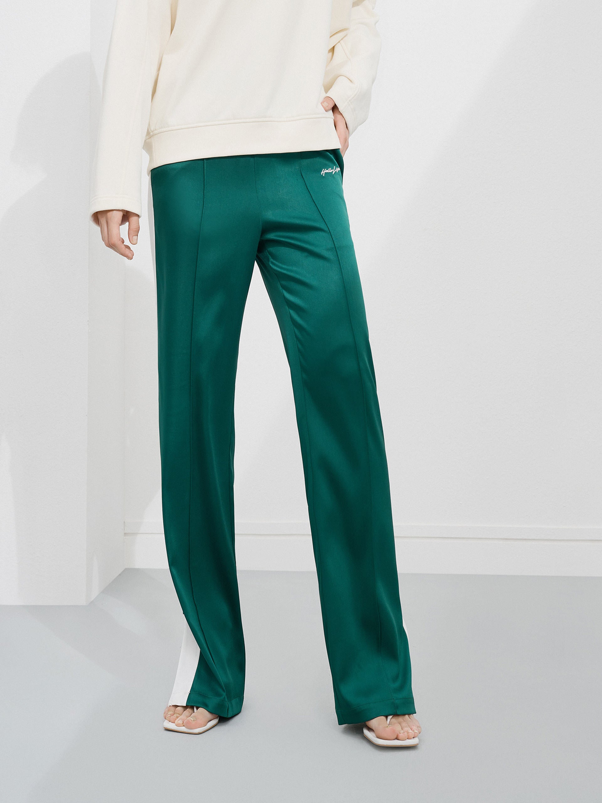 Contrast Elastic Casual Athleisure Green Trousers