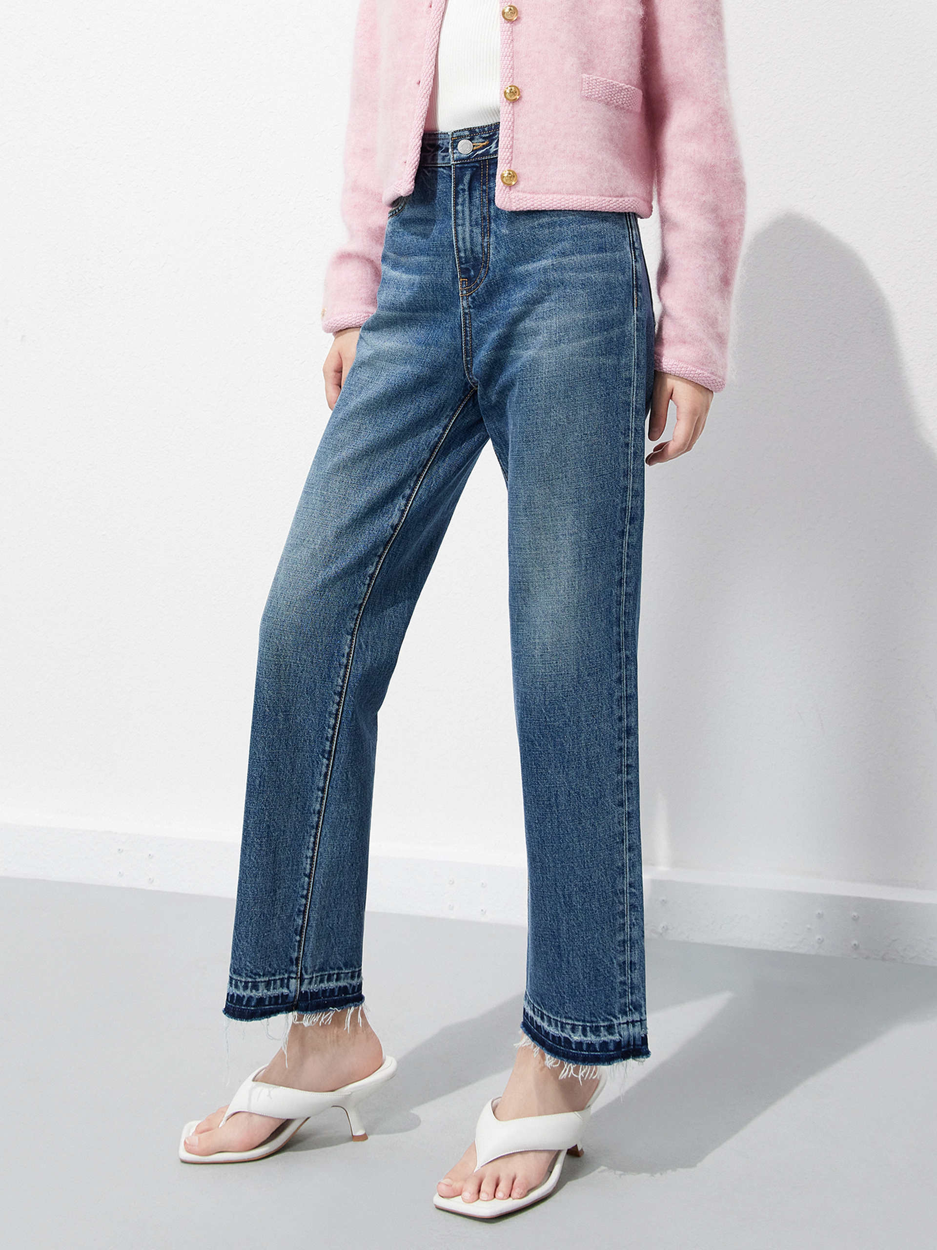 Frayed Raw Hem Straight Leg Cotton Denim Blue Jeans