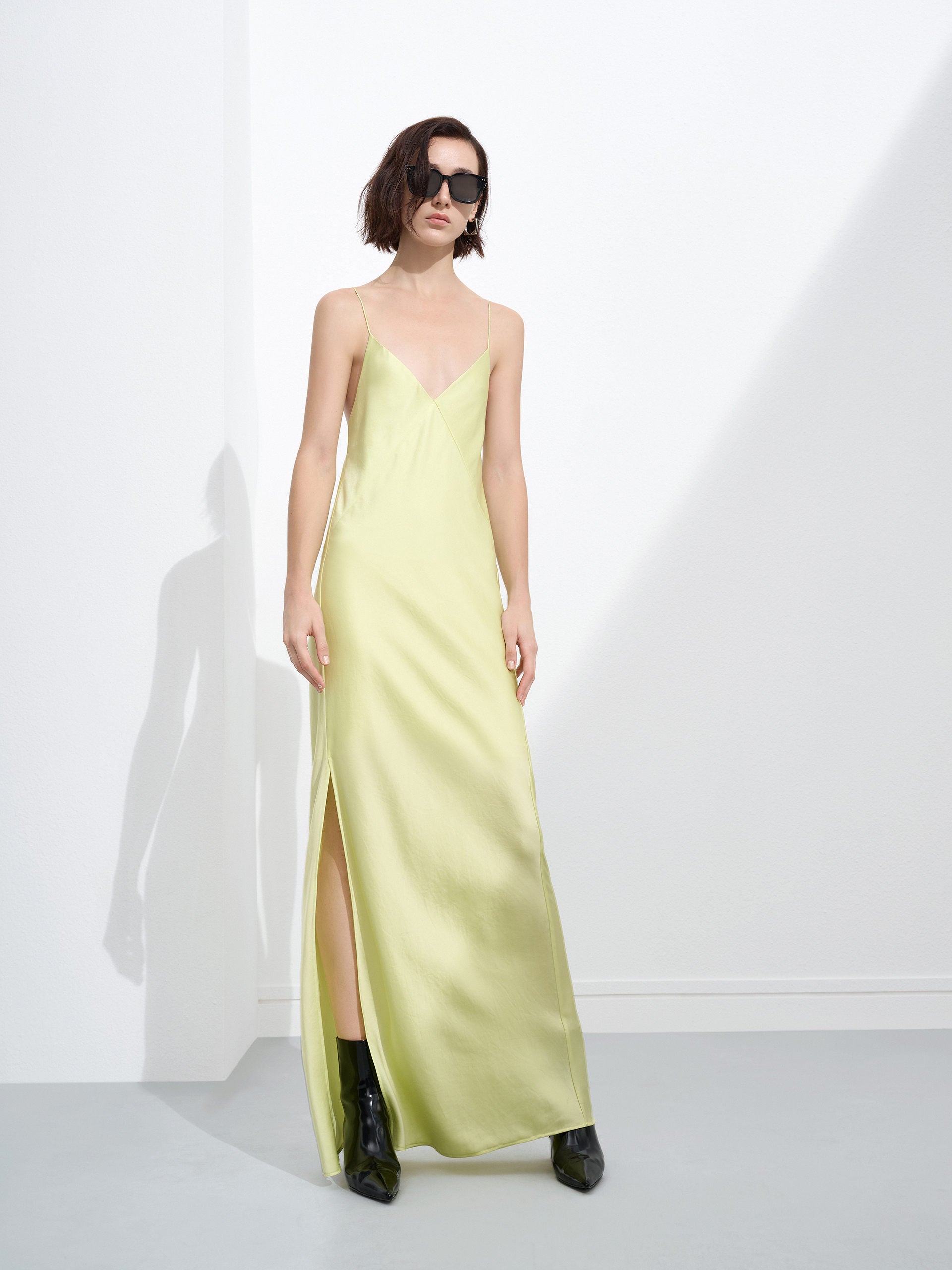 Adjustable Cami Spaghetti Backless Maxi Dress Lime