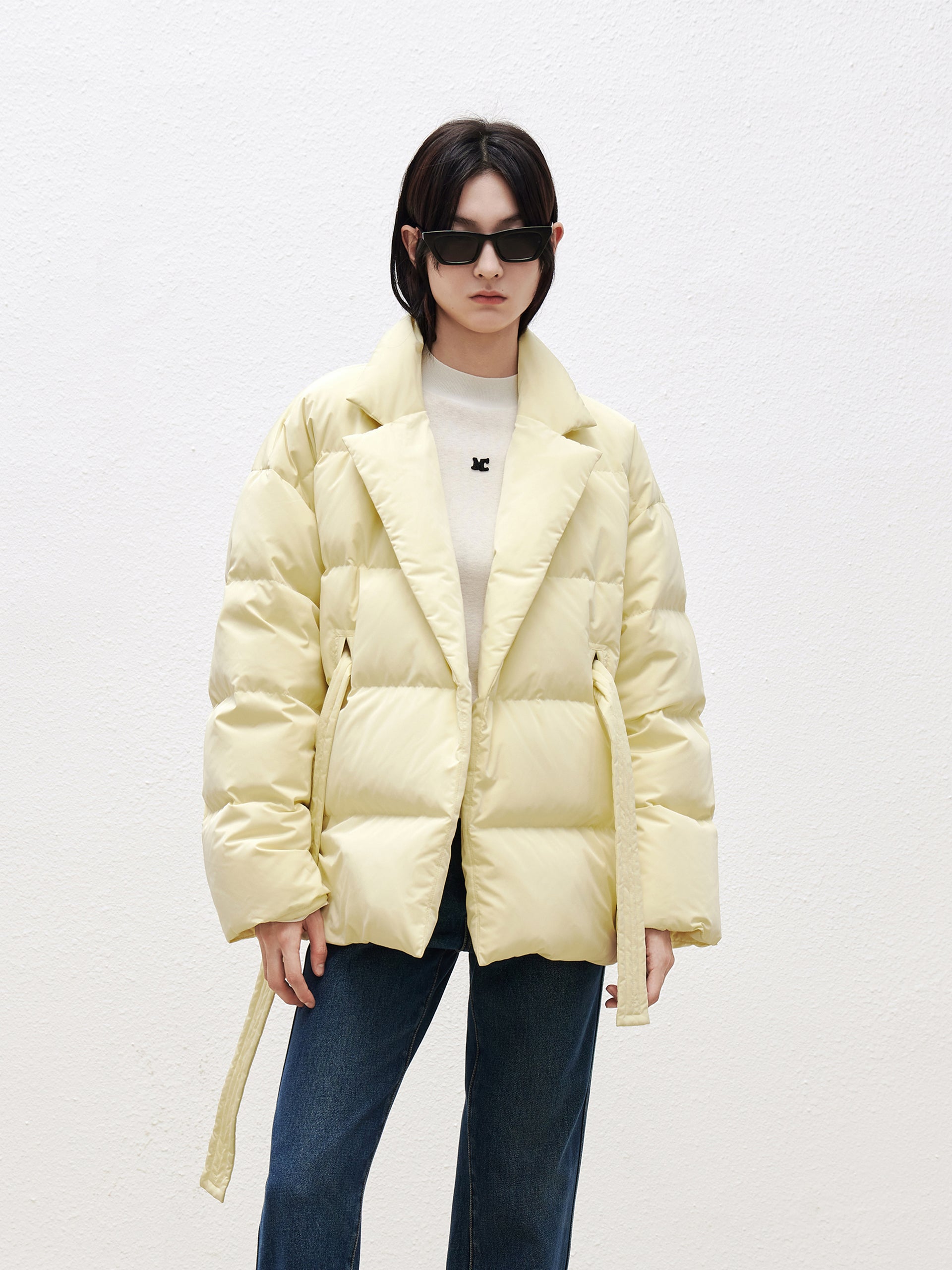 Yellow Lapel Collar Puffer Down Jacket with Belt