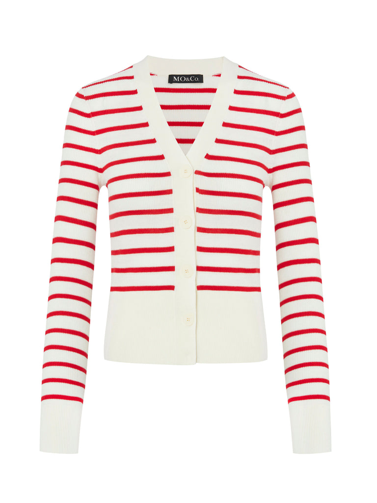 Red and White Striped V Neck Merino Wool Long Sleeves Slim Fit Cardigan