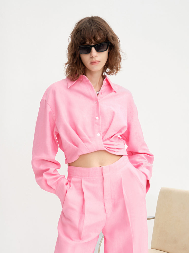 Women's Linen Blend Gathered Waist Cropped Shirt in Pink