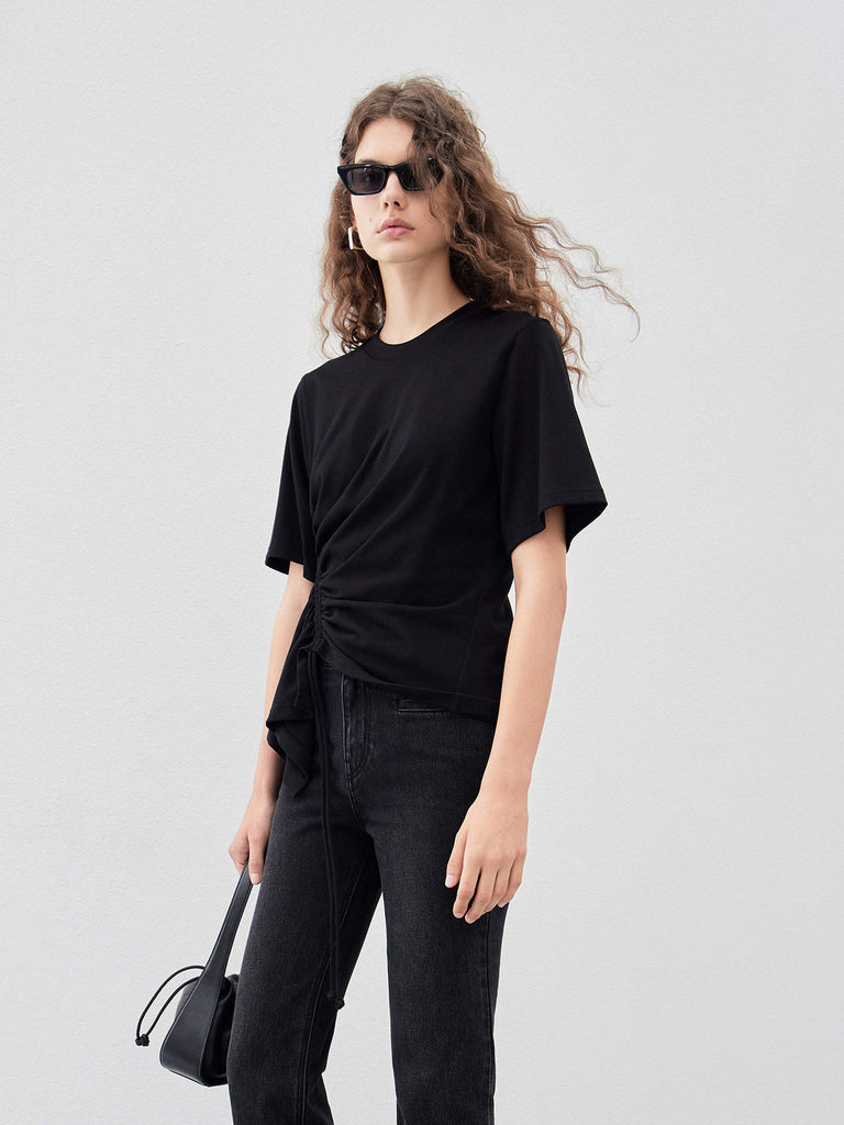 Women's Pleated Asymmetrical Hem Cotton T-shirt with Drawstring in Black