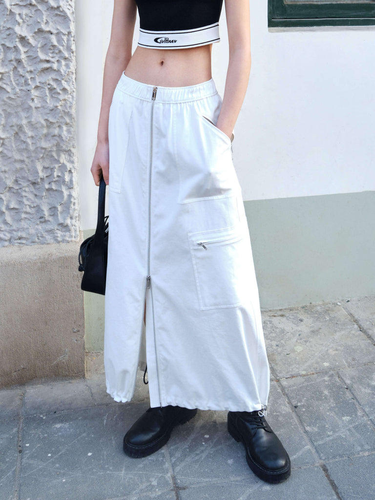 MO&Co. Women's Front Zipper Elastic Waist Y2K Cargo Gorpcore Maxi Skirt in White