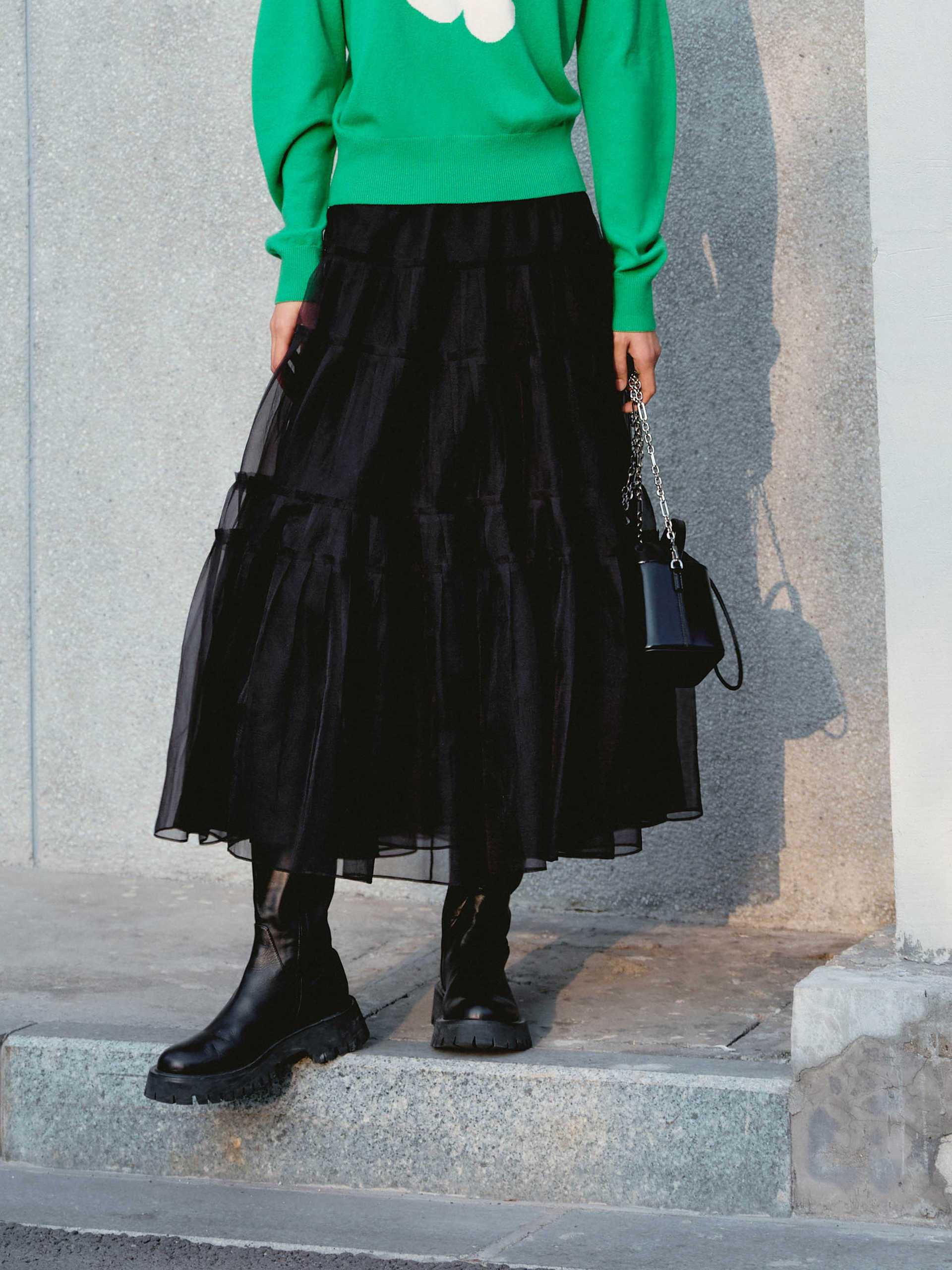 Layered Ruffled Tulle Midi Skirt in Black