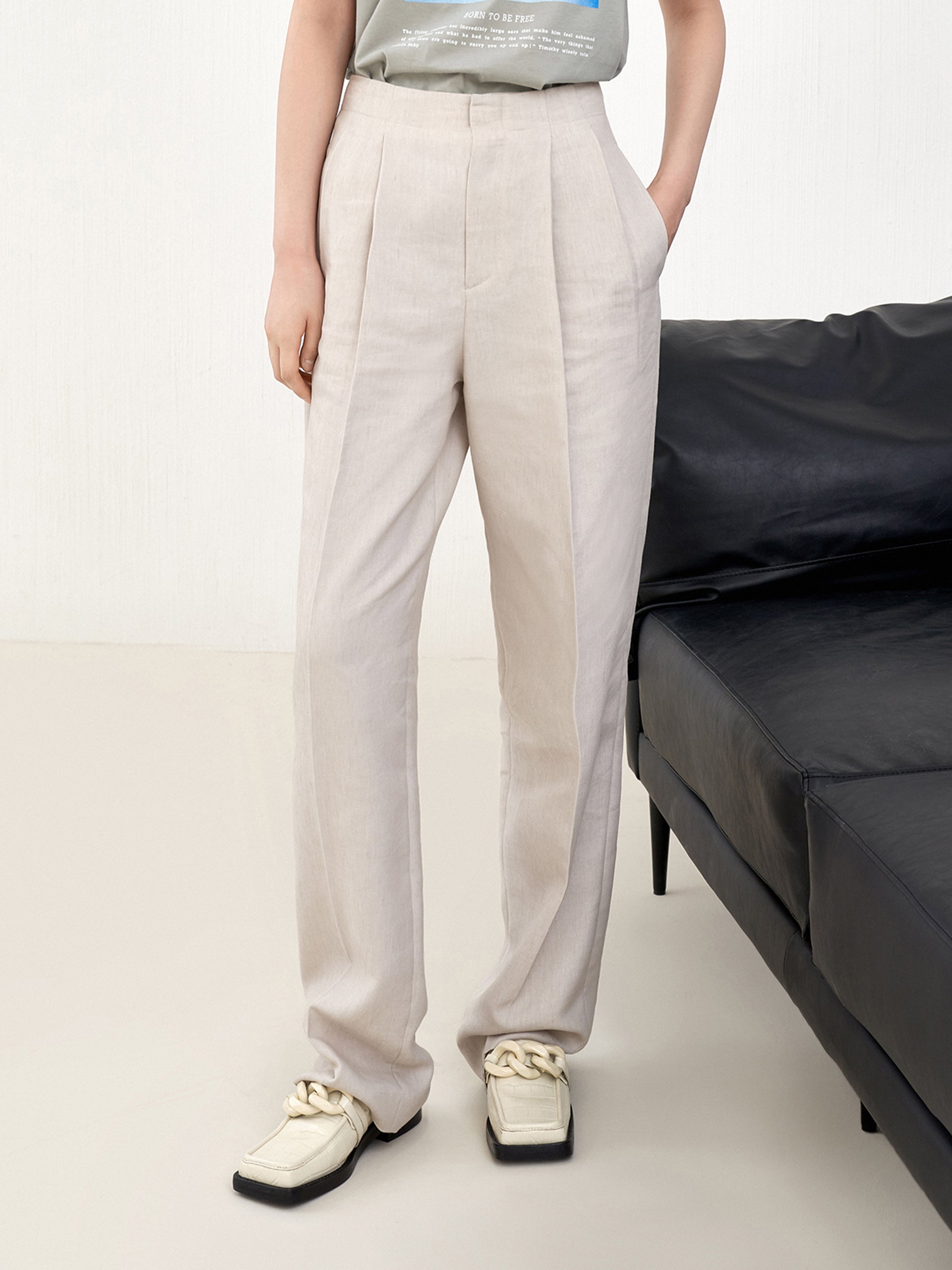 Women's Linen Blend High-rise Wide Leg Suit Pants in Beige