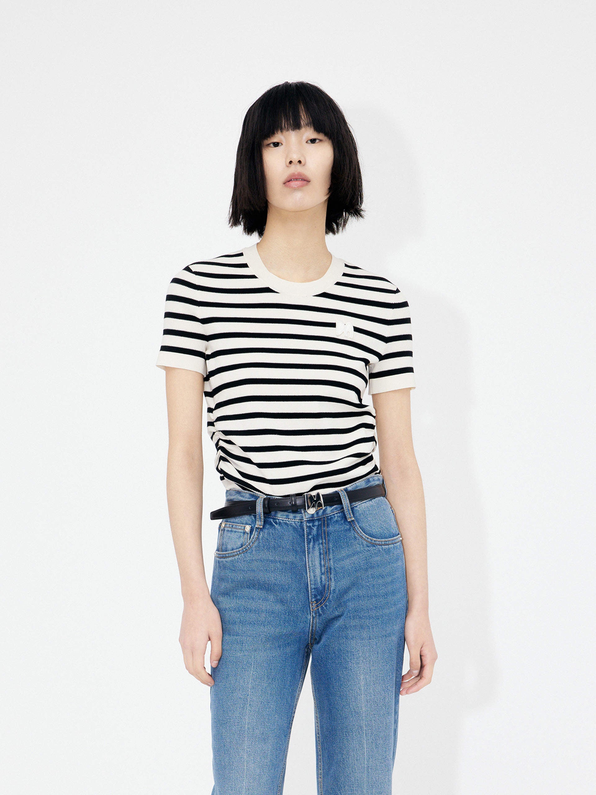 MO&Co. Women's Round Neck Striped Slim-fit Top in Black and White