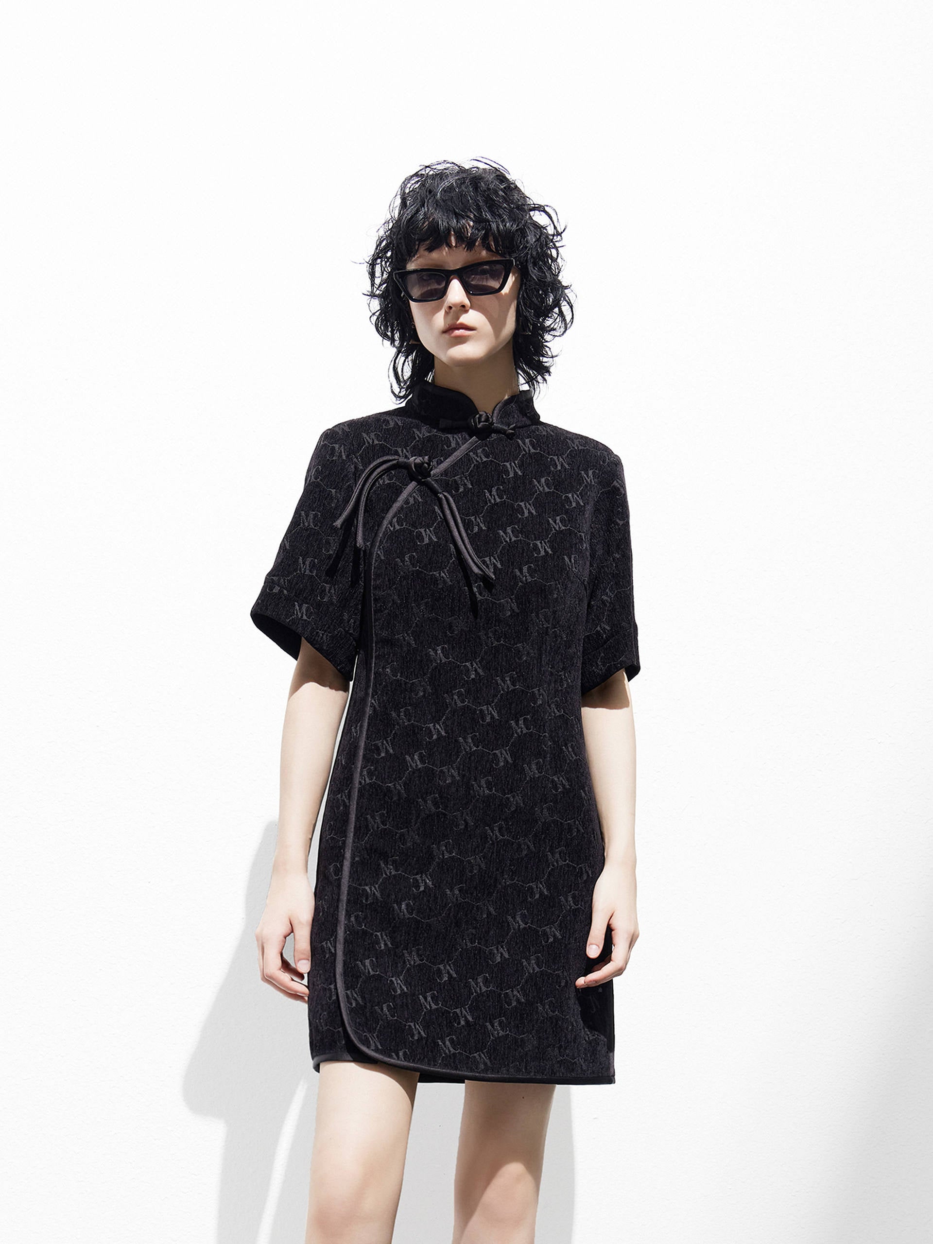 Logo Slanted Placket Velvet Textured Mini QiPao Dress Black