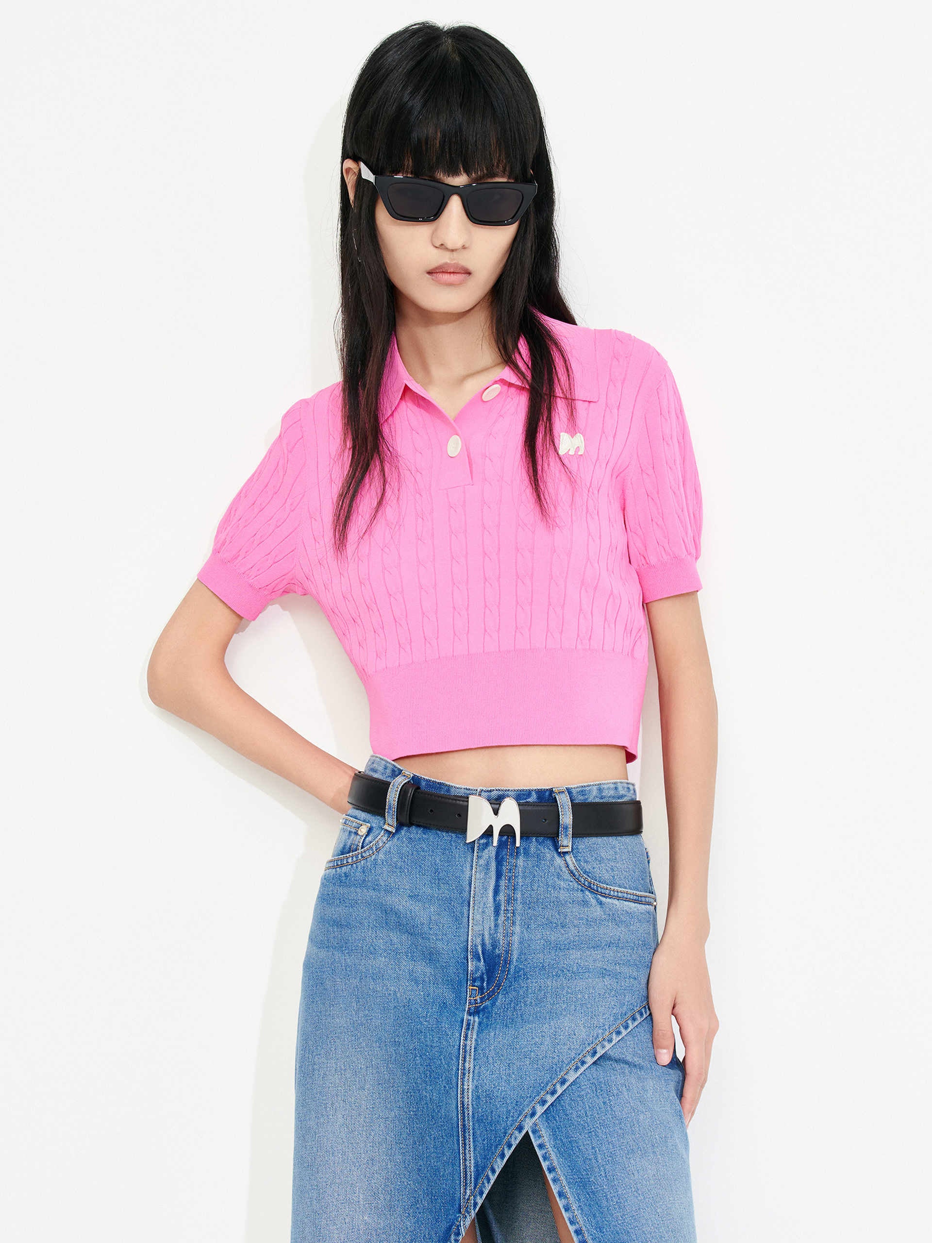 MO&Co. Women's Cable Knit Cropped Top Polo in Pink