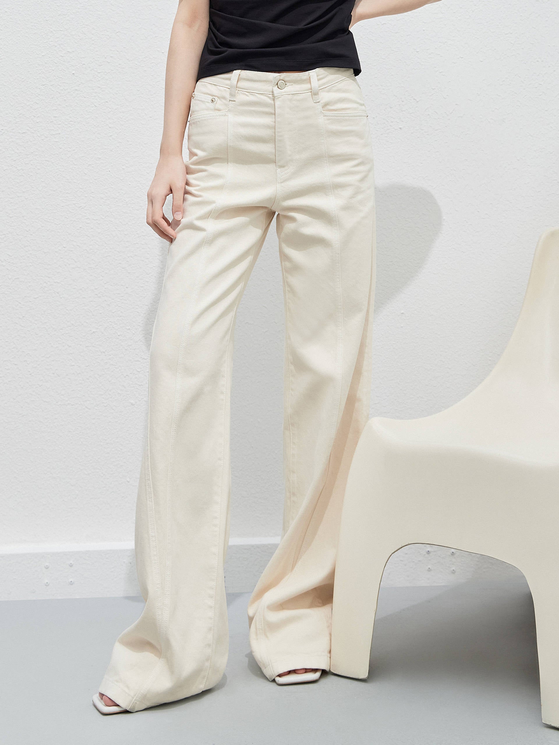 Women's Seam Details Wide Leg Mid-rise White Jeans