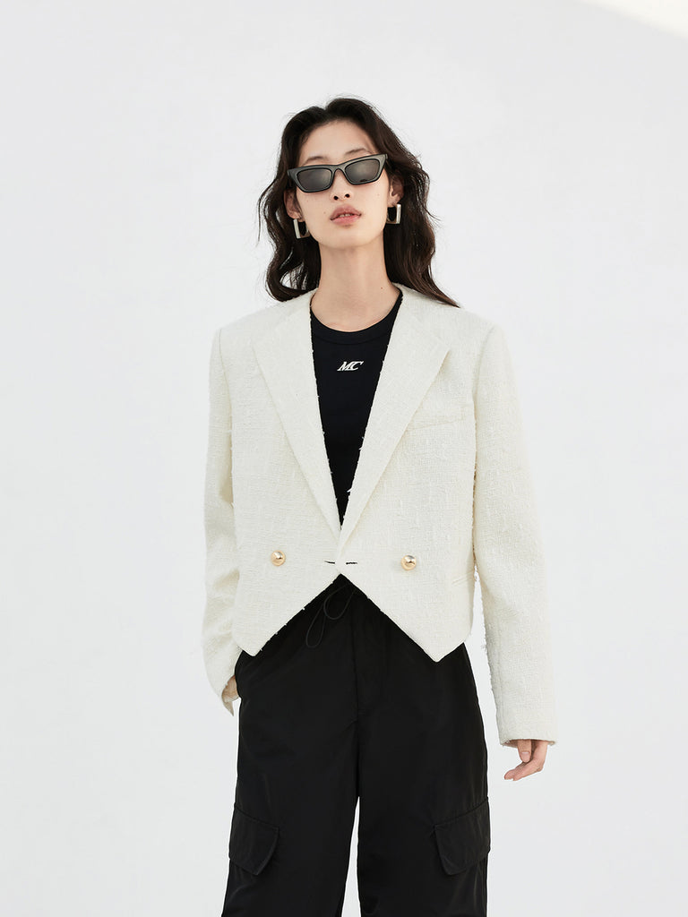 Textured Cropped Tweed Jacket in Beige