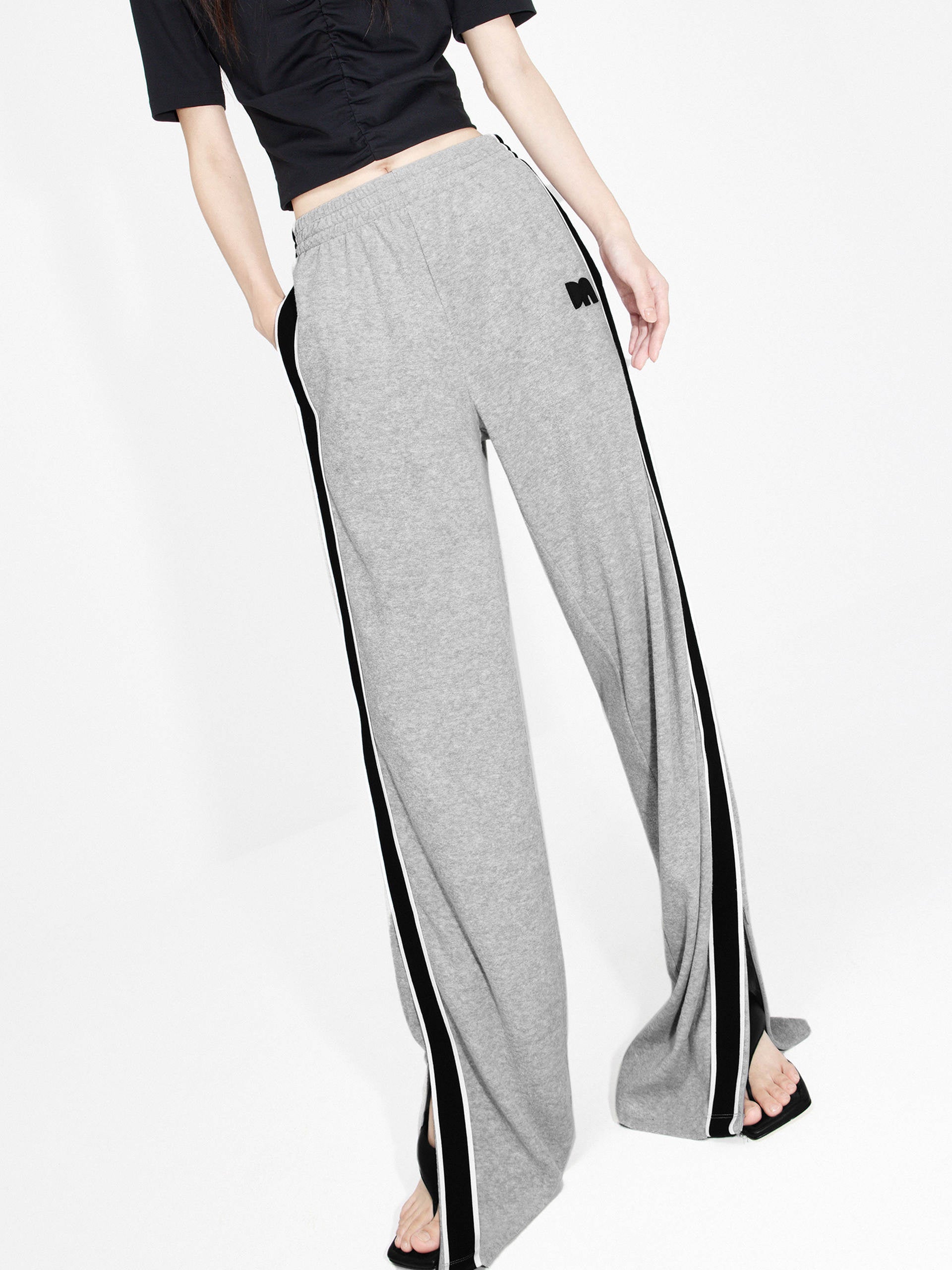 Women's Contrasting Trim Elastic waistband Slit Causal Trousers in Grey