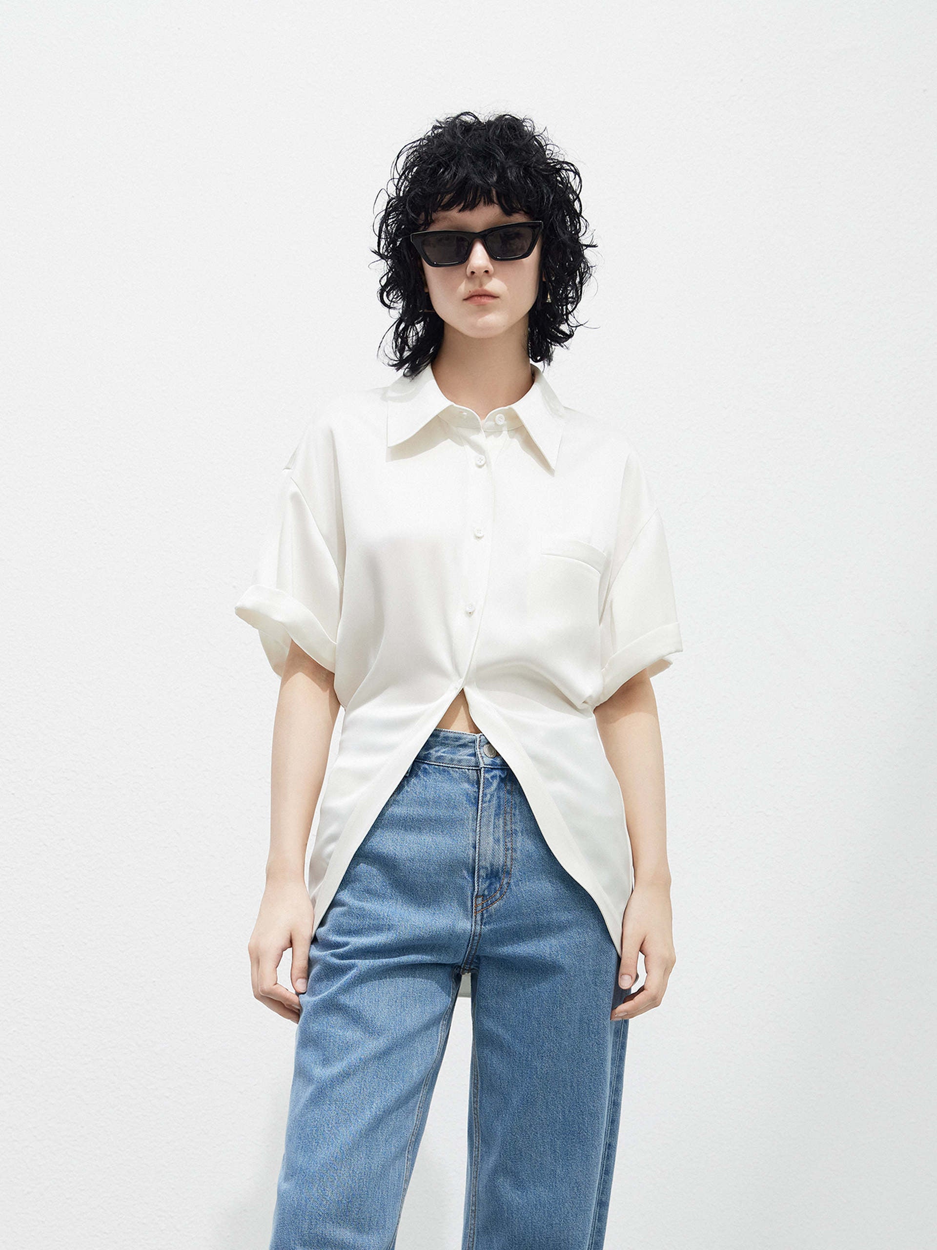 Women's Triacetate Blend Vanilla Short Sleeves Blouse Shirt