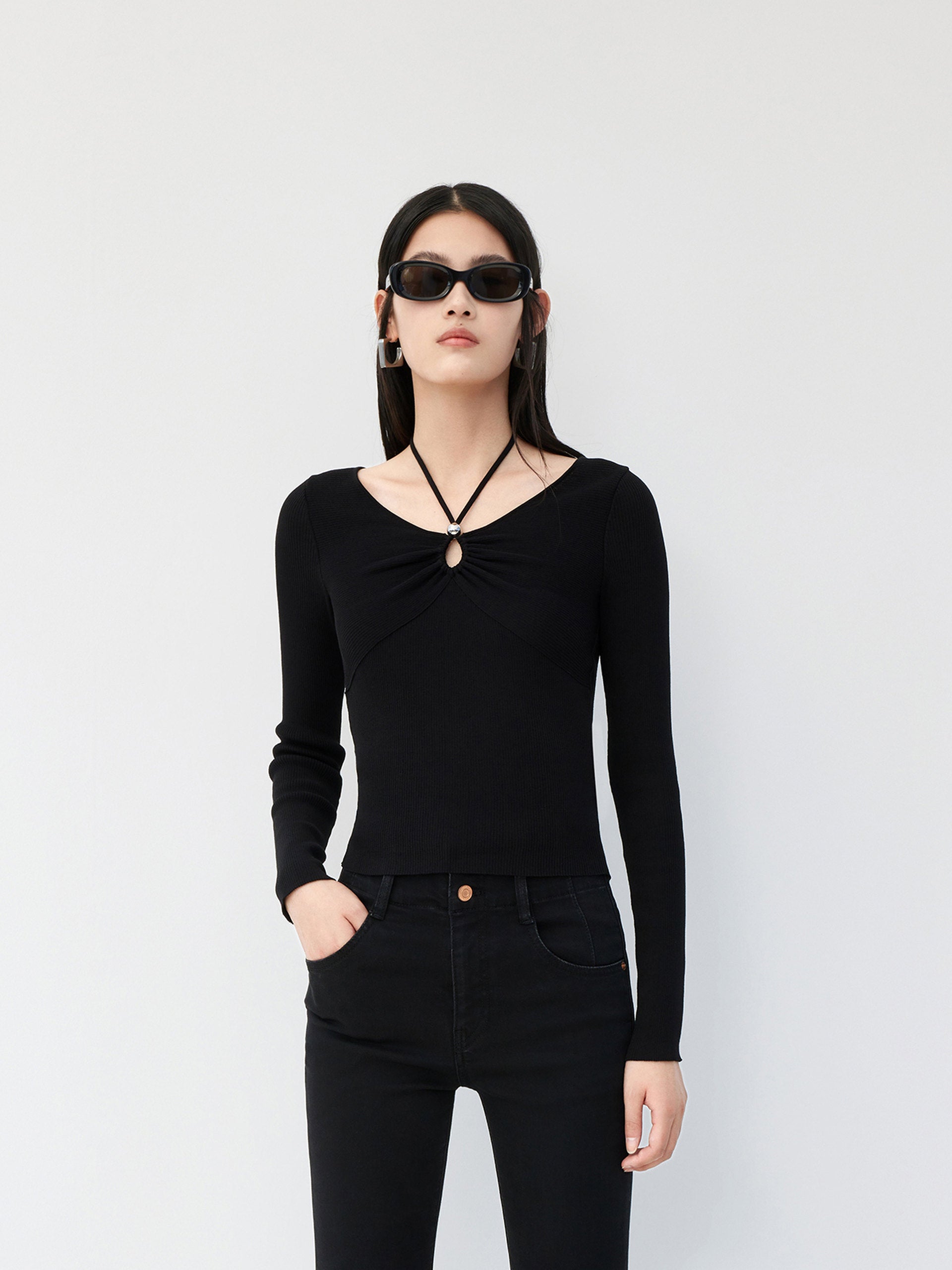 Long Sleeves Cotton Blend Ribbed Knit Top with Open Front Details in Black