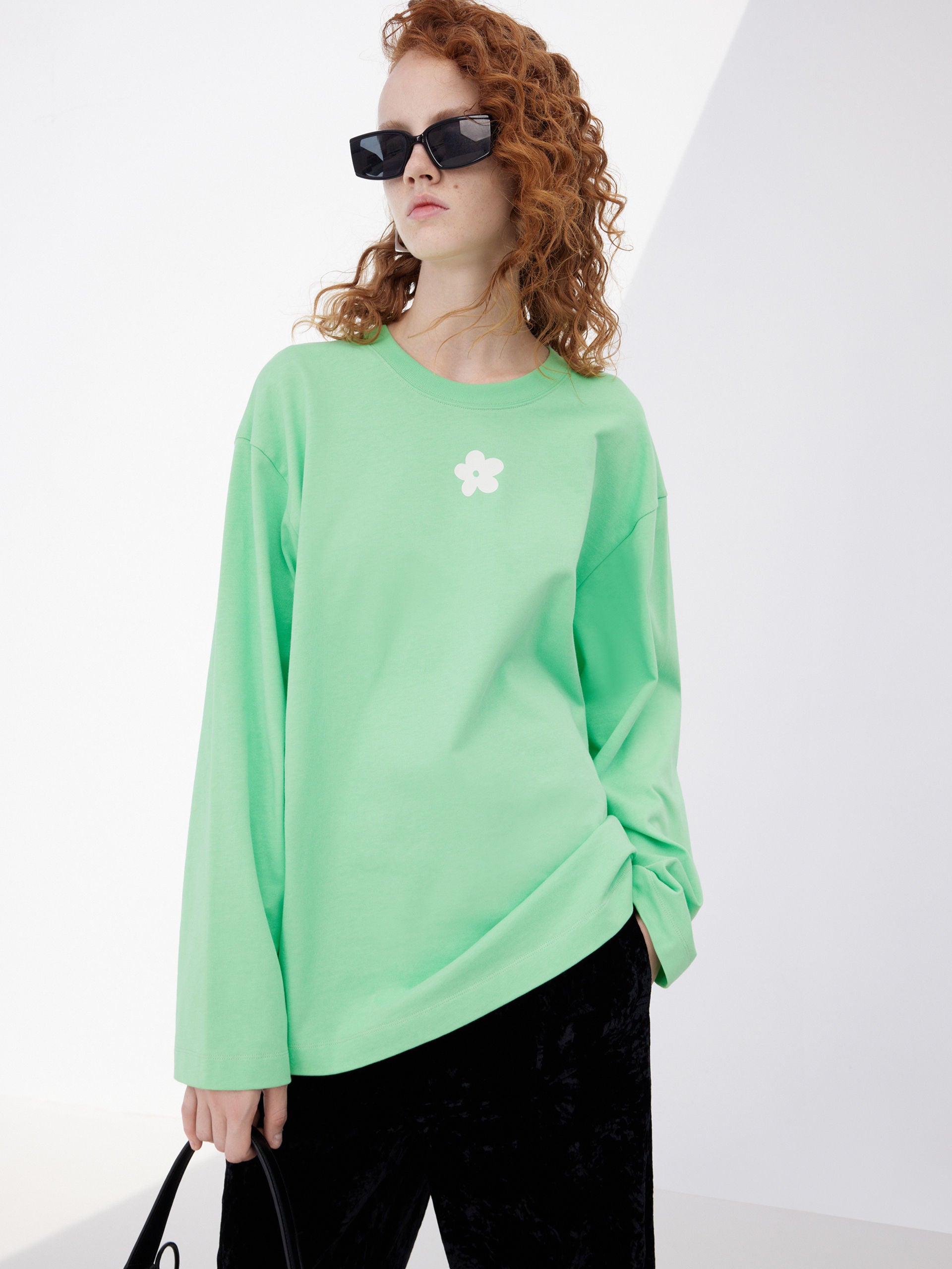 Green Long Sleeves Oversized Front Floral Print T-shirt