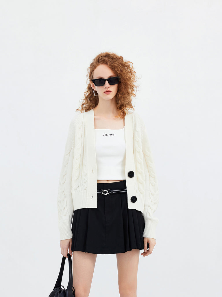 Wool Blend Chunky Cable Cropped Cardigan in White