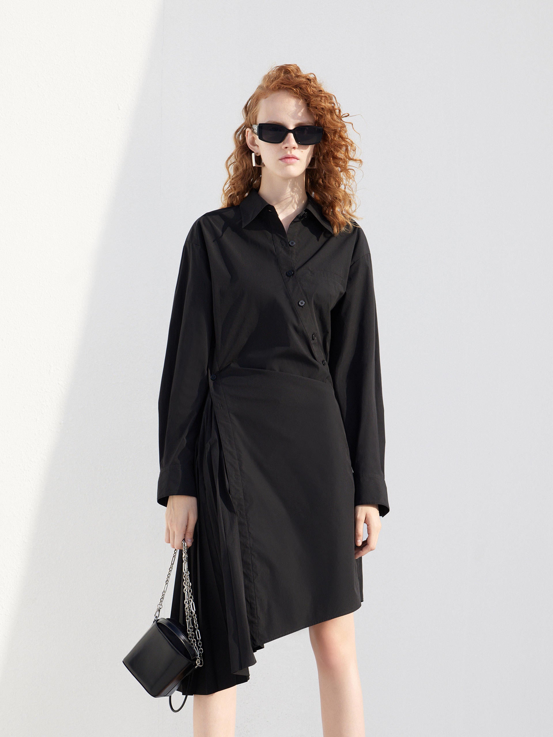 Women's Slant Placket Asymmetric Hem Shirt Dress in Black