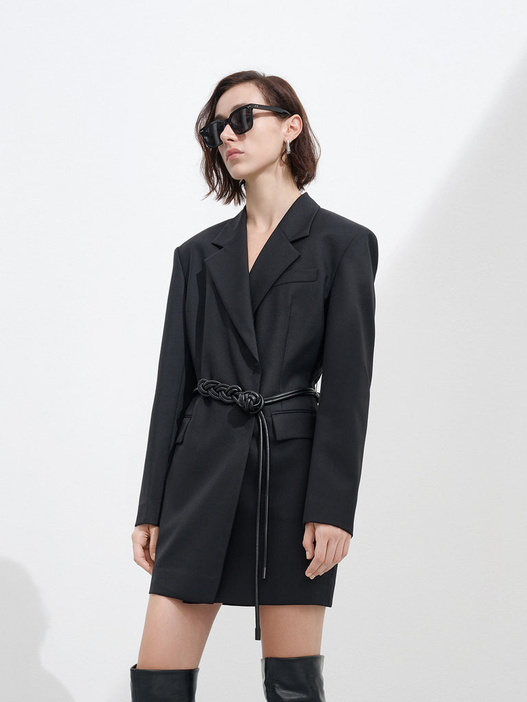 Long Sleeves Tailored Wool blend Blazer Mini Dress with Belt in Black