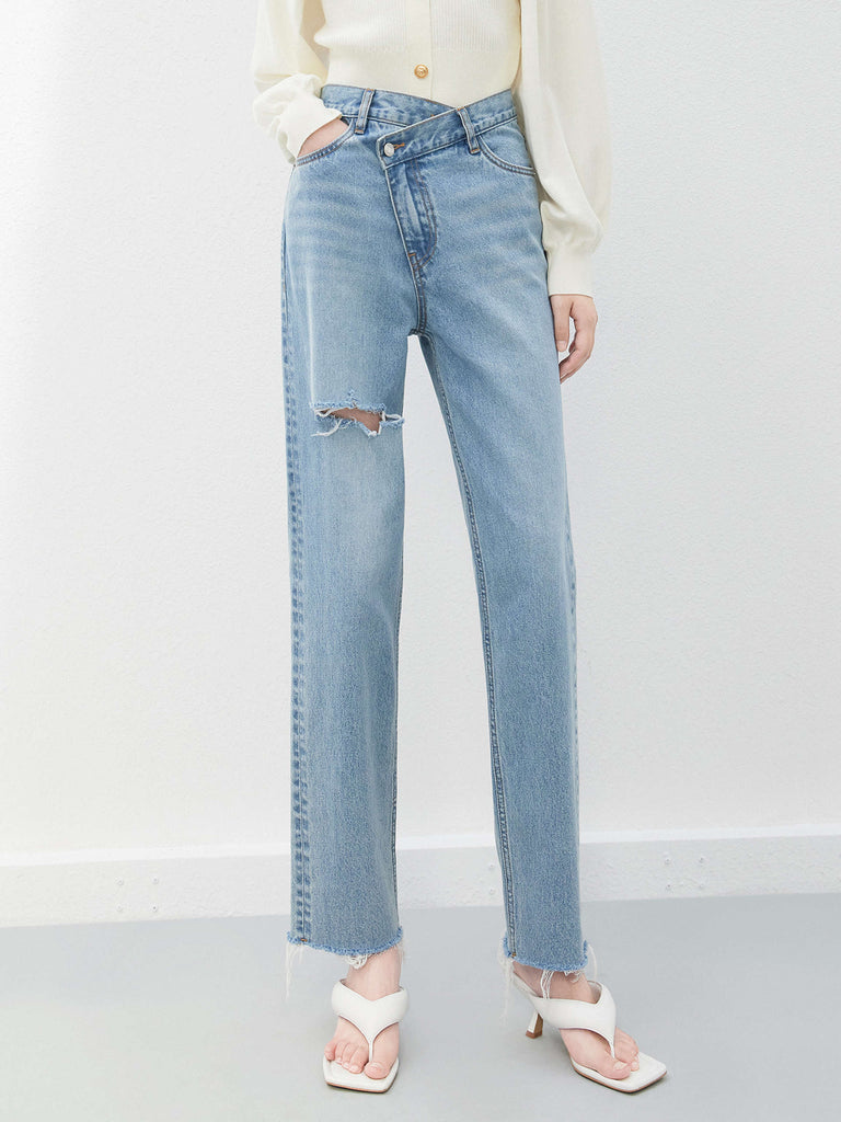 Women's Asymmetric Waistband Ripped Straight Jeans