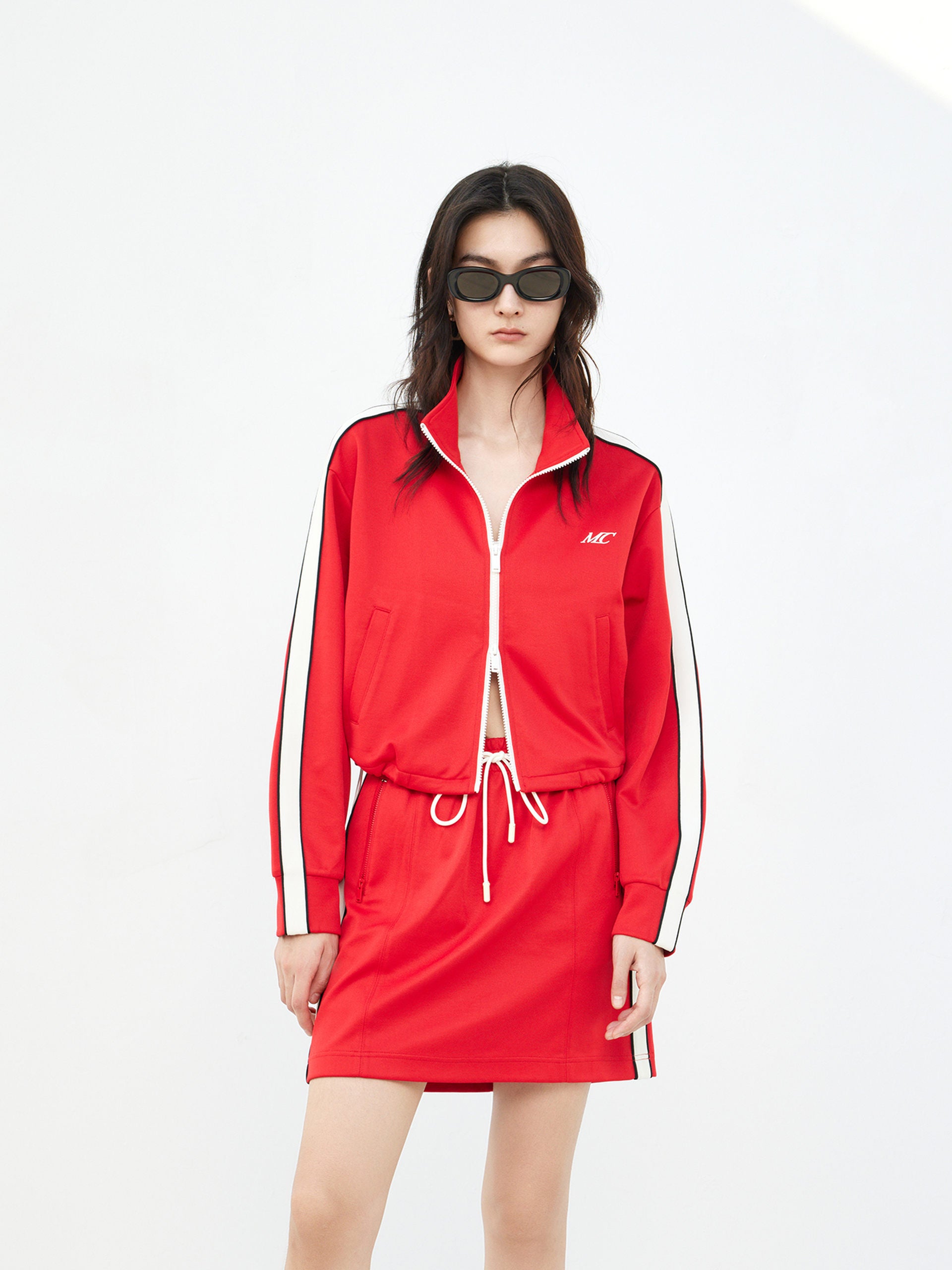 Cotton Blend Contrast Cropped Athleisure Jacket in Red