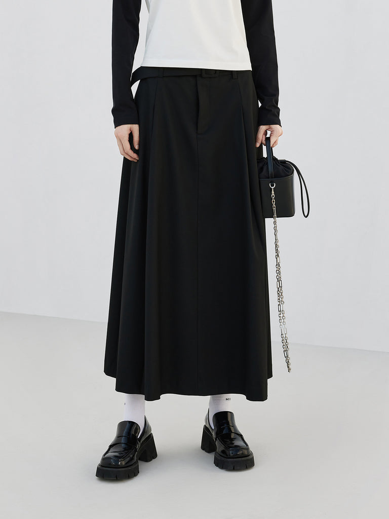 High Waist A Line Midi Skirt with belt in Black