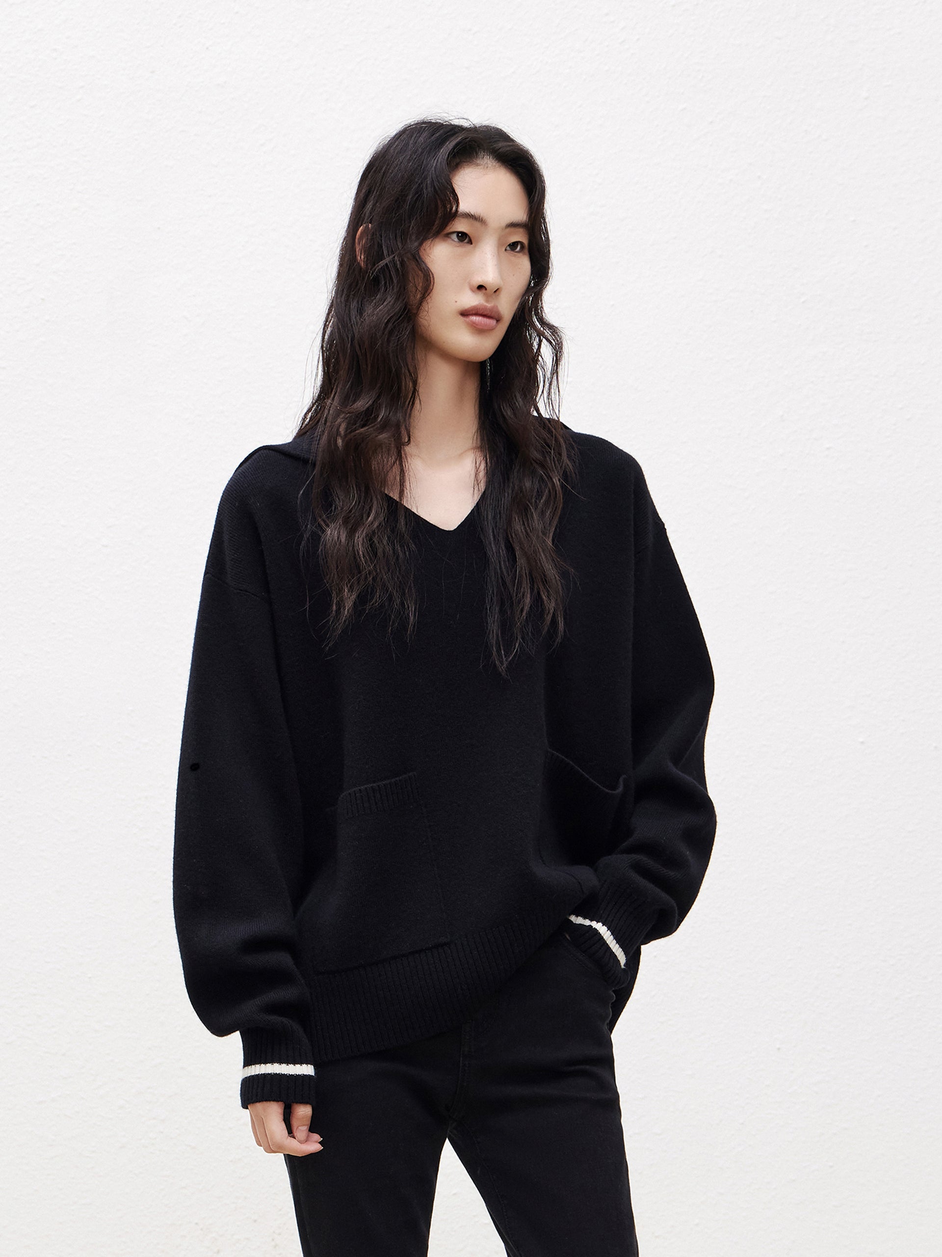 Wool Navy Neck Black Sweater