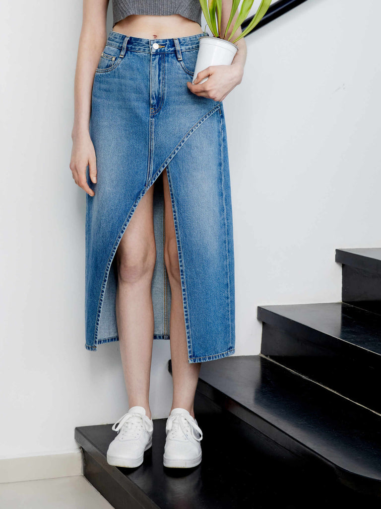 Women Button Irregular Slit Denim Skirt Jean High Waist Dress Casual  Fashion | eBay